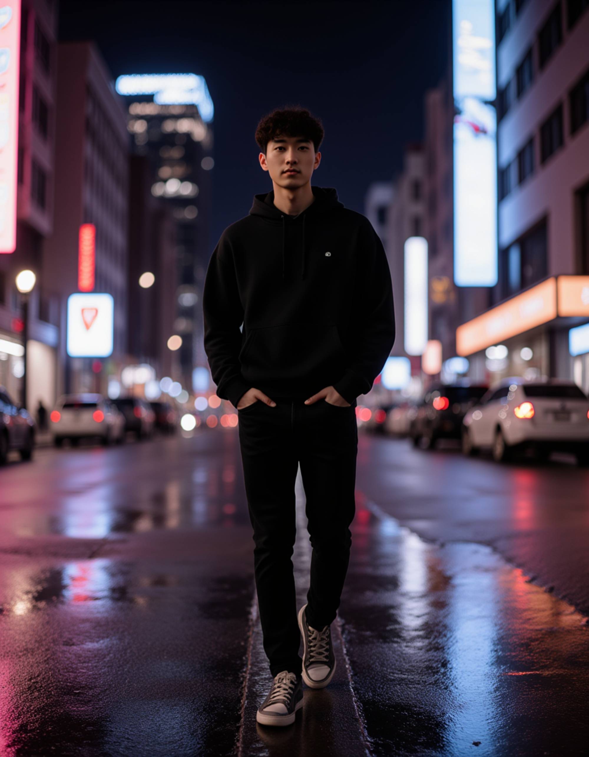 Dubai late-night street portrait, dark minimalist outfit, neon reflections on wet pavement, moody urban aesthetic with strong contrast lighting