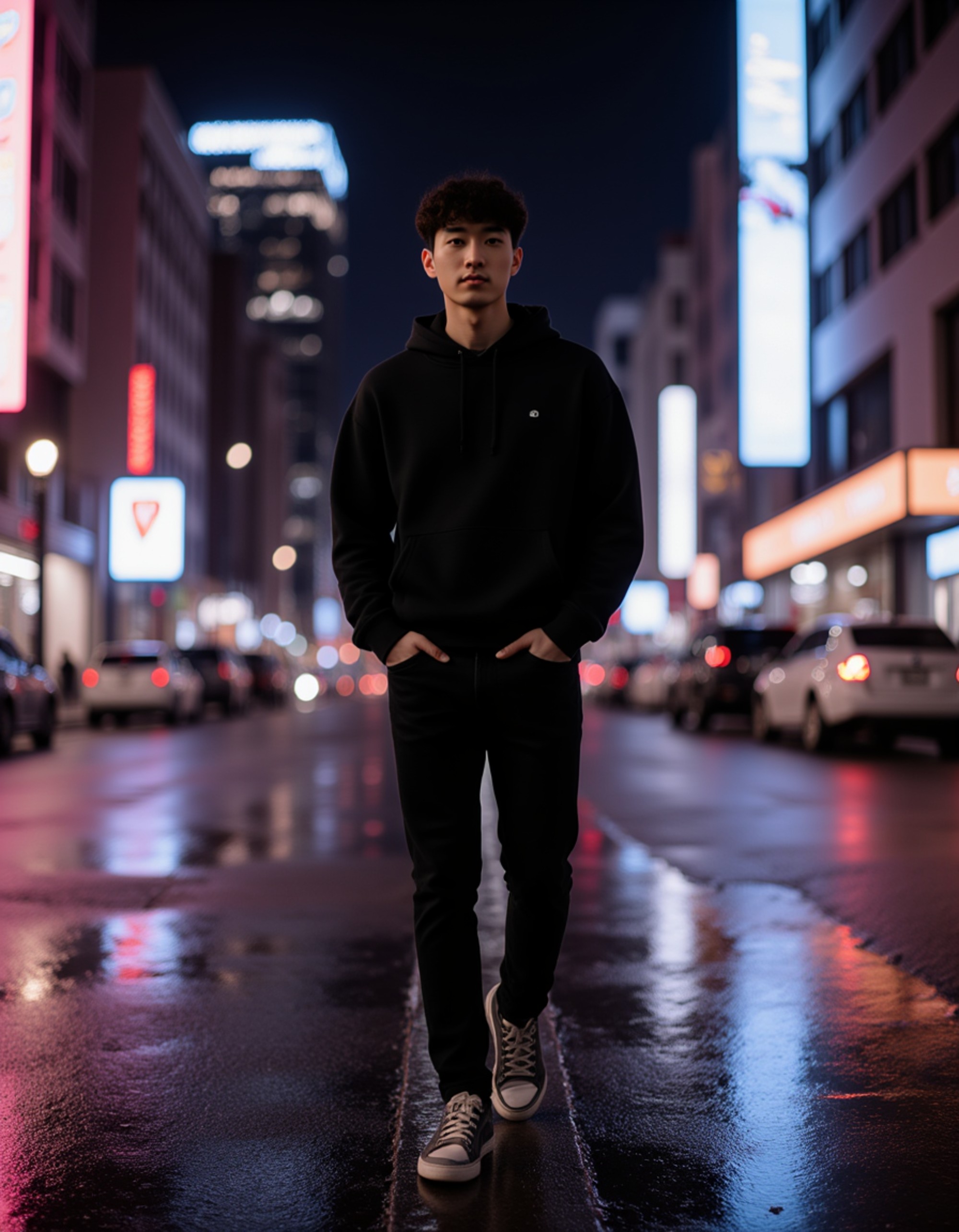 Dubai late-night street portrait, dark minimalist outfit, neon reflections on wet pavement, moody urban aesthetic with strong contrast lighting