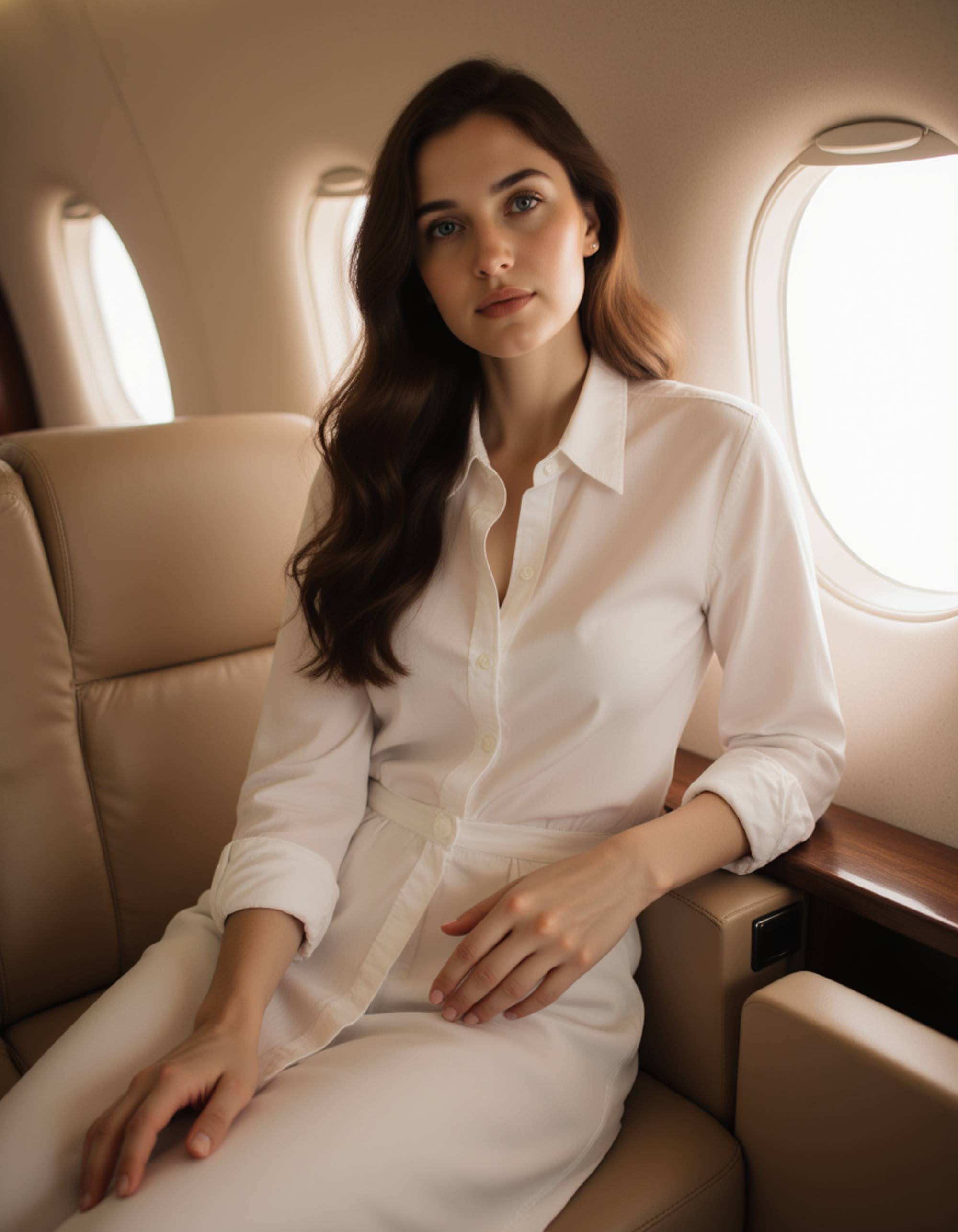 Dubai influencer photoshoot inside a private jet cabin, refined travel outfit, seated near oval windows, soft diffused light creating an ultra-luxury editorial mood