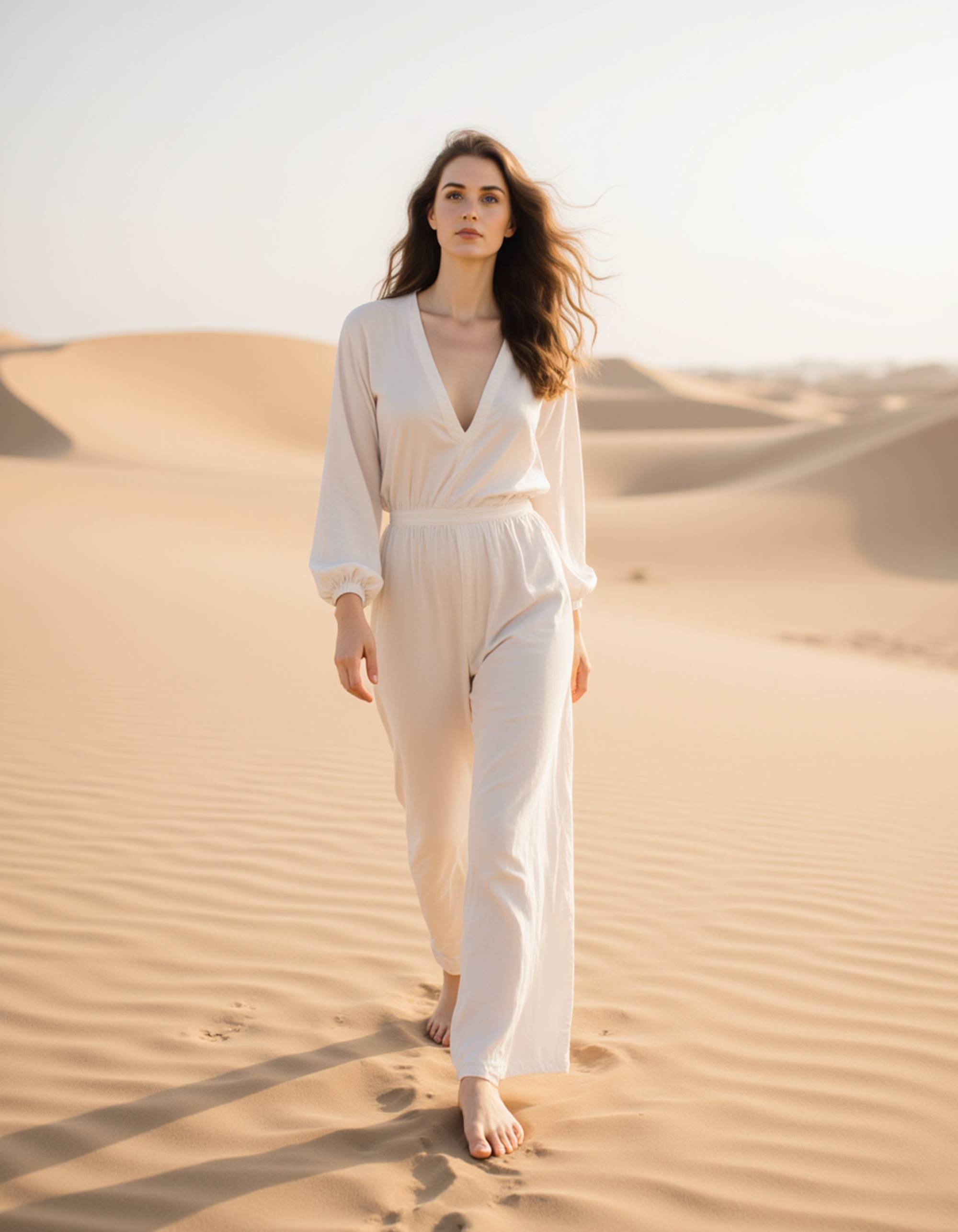 Dubai desert wellness retreat scene, elegant neutral-toned outfit with flowing fabric, walking barefoot on sculpted sand patterns, minimalist and serene aesthetic
