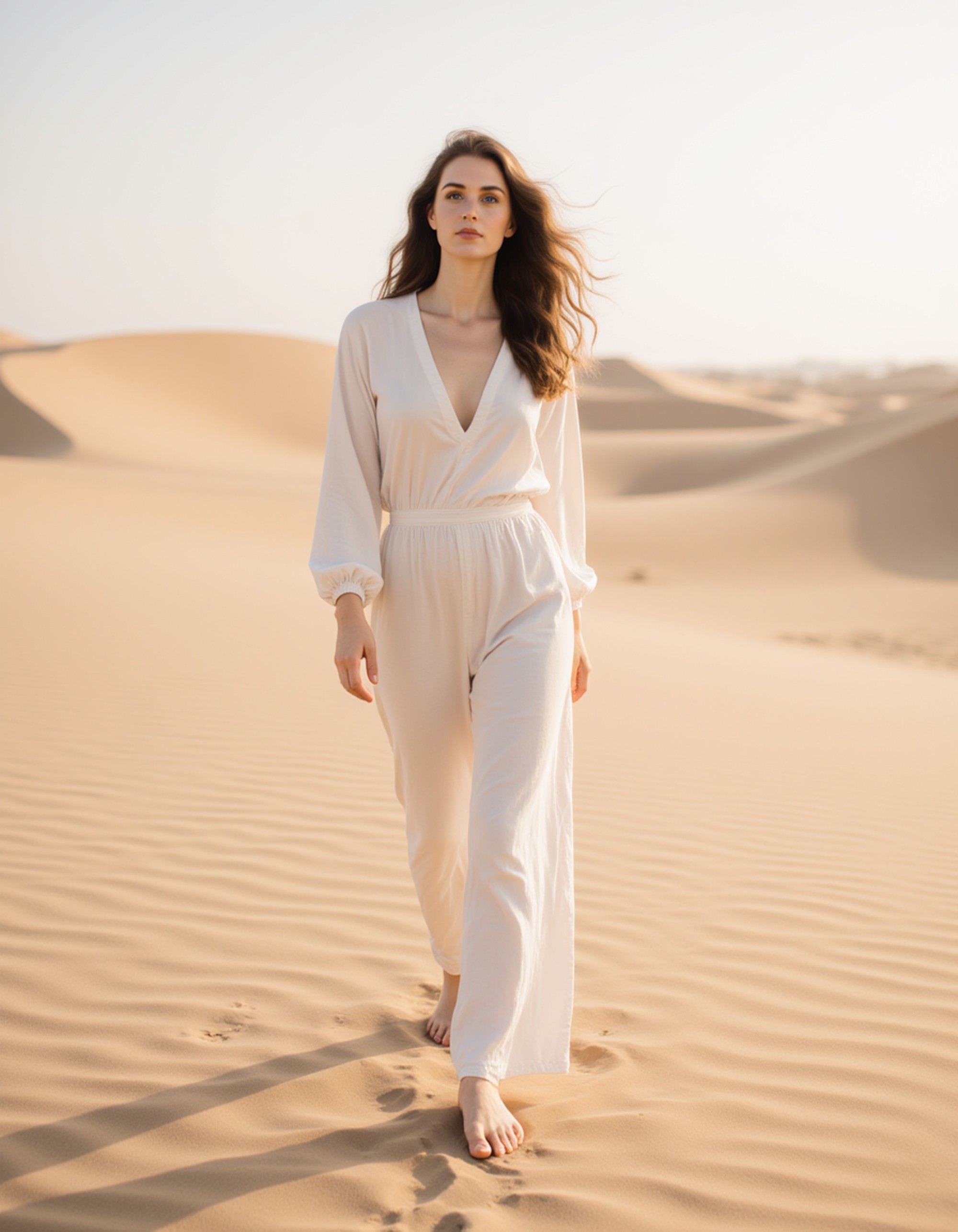Dubai desert wellness retreat scene, elegant neutral-toned outfit with flowing fabric, walking barefoot on sculpted sand patterns, minimalist and serene aesthetic