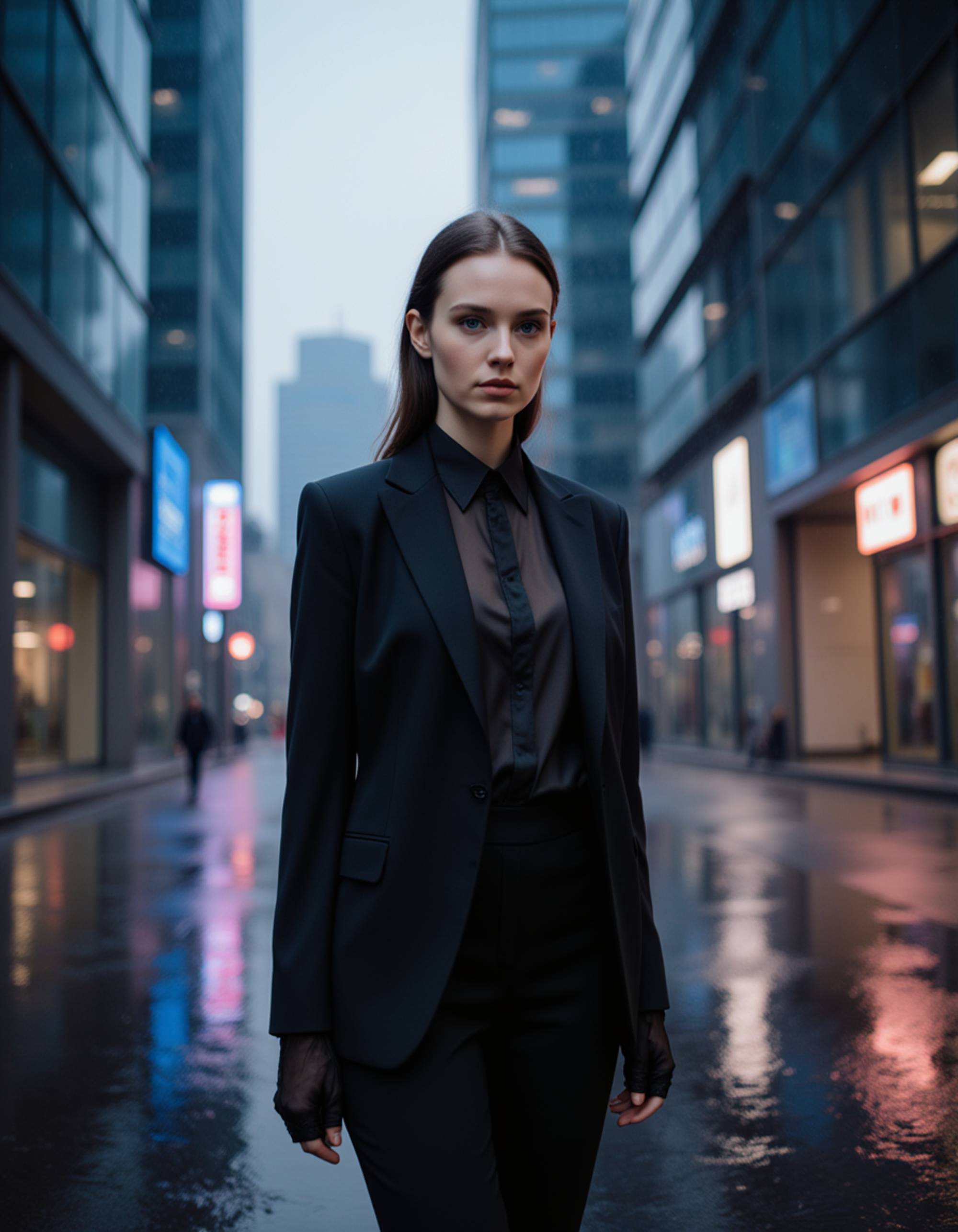 Dubai influencer rain-effect city shoot, sleek modern outfit, standing beneath reflective skyscrapers with artificial rain and neon highlights, cinematic cyber-luxury vibe