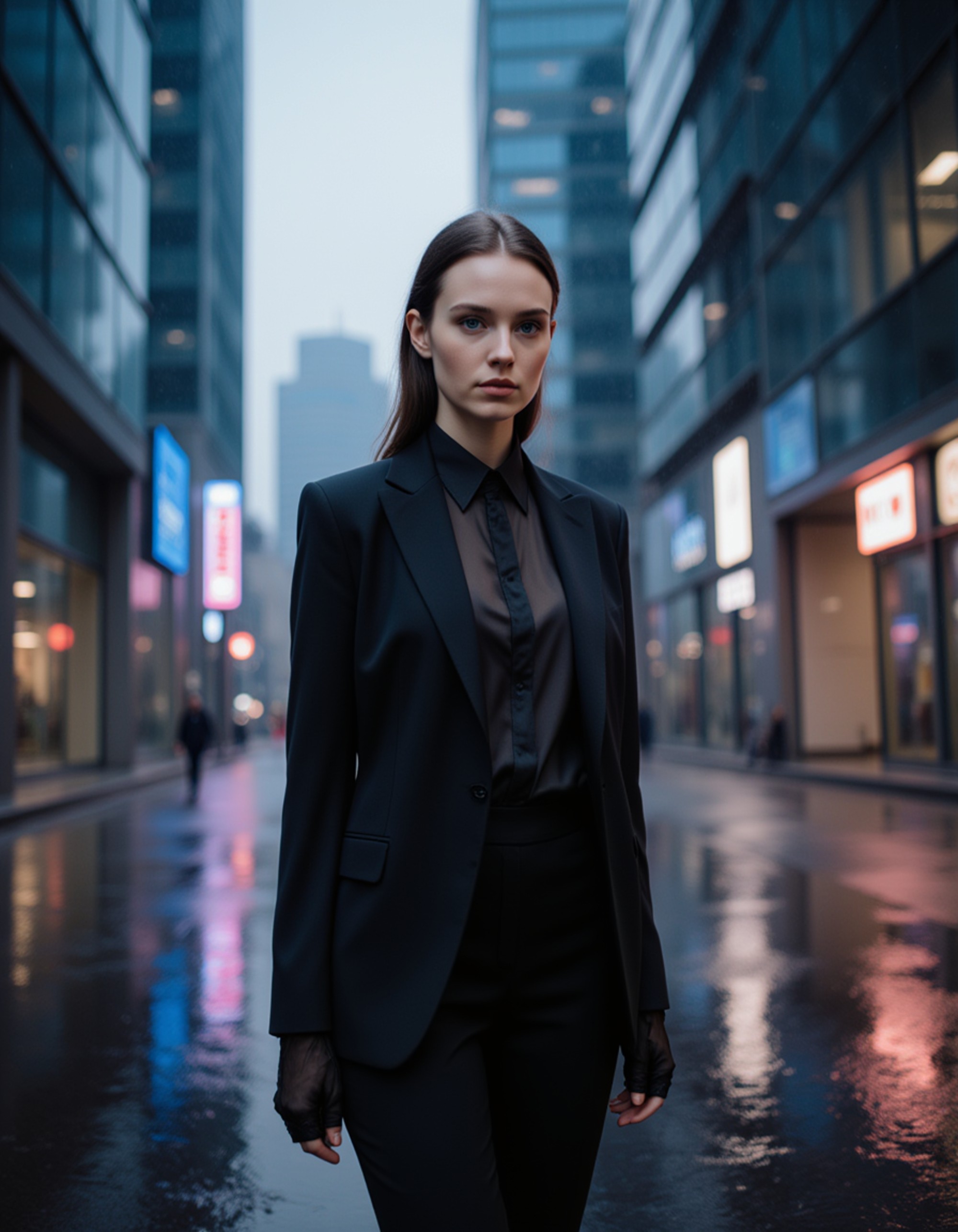 Dubai influencer rain-effect city shoot, sleek modern outfit, standing beneath reflective skyscrapers with artificial rain and neon highlights, cinematic cyber-luxury vibe