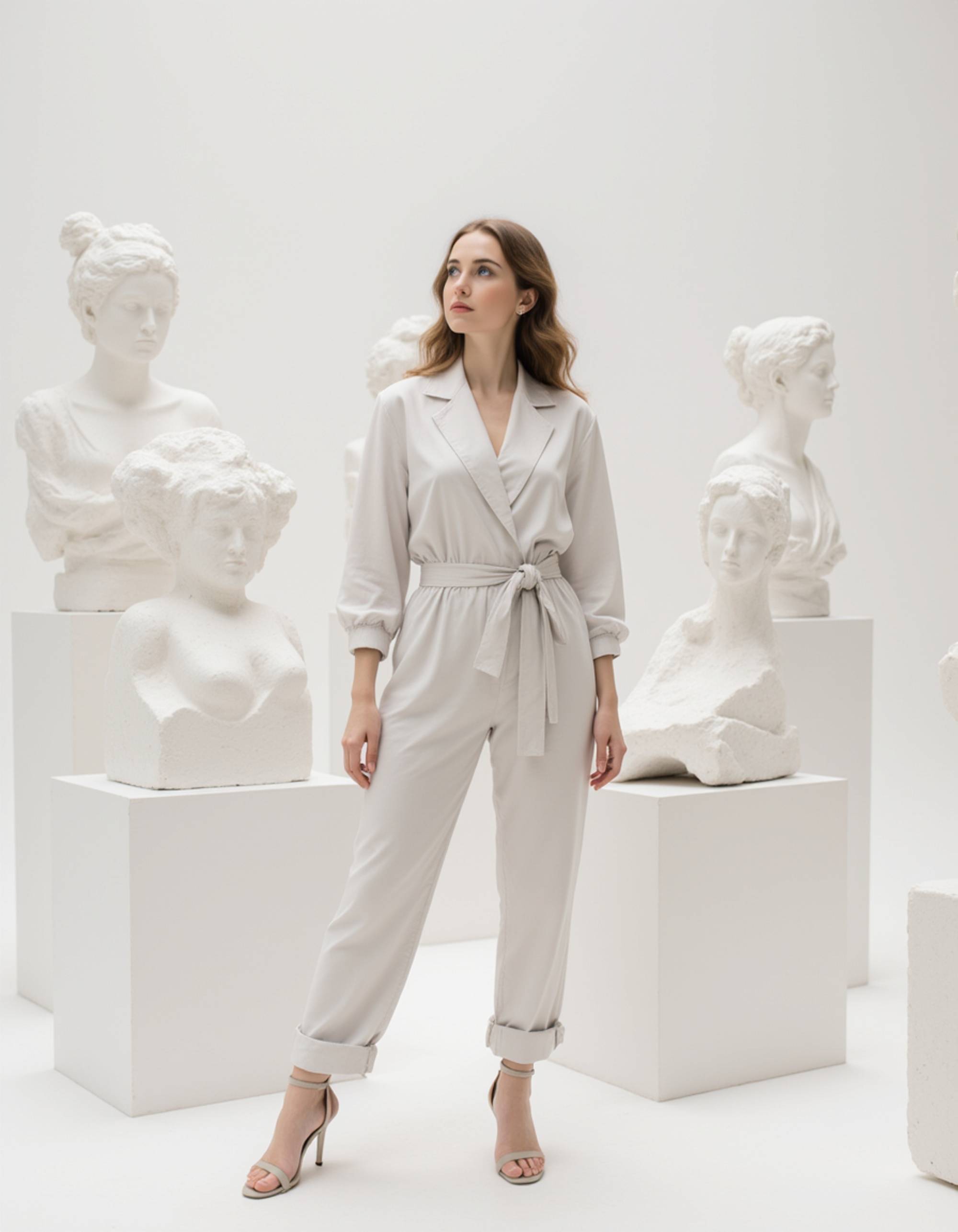 Dubai art gallery lifestyle portrait, sculptural high-fashion outfit, standing among contemporary installations, clean white space with strong editorial composition