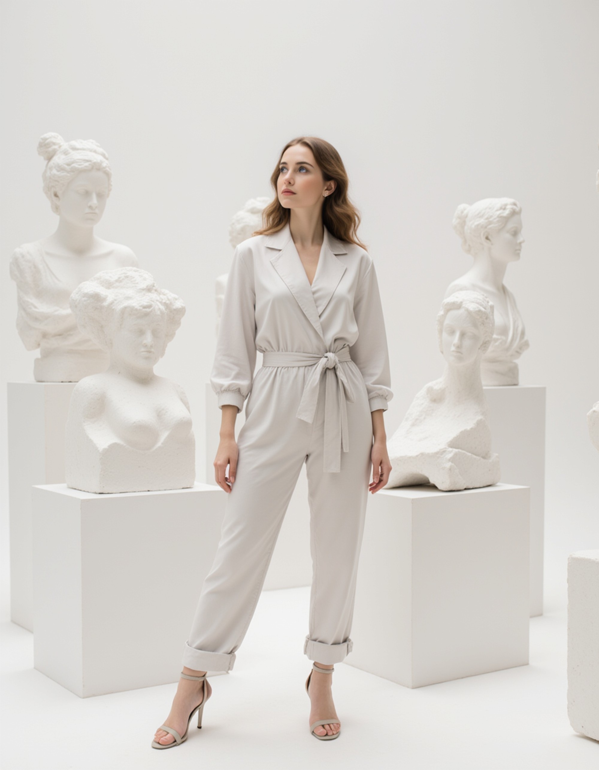 Dubai art gallery lifestyle portrait, sculptural high-fashion outfit, standing among contemporary installations, clean white space with strong editorial composition