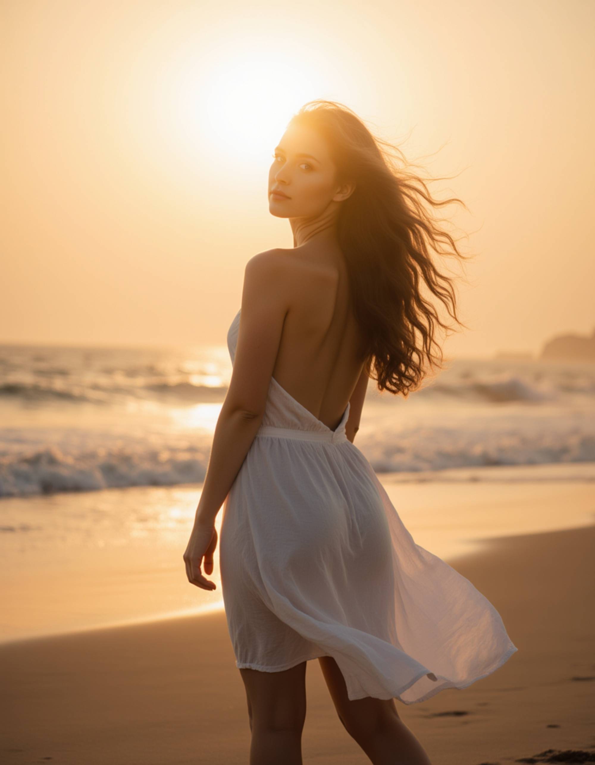 Dubai sunset beach horseback scene, lightweight flowing outfit, hair moving in the wind, wide cinematic framing with ocean horizon and warm glowing sky