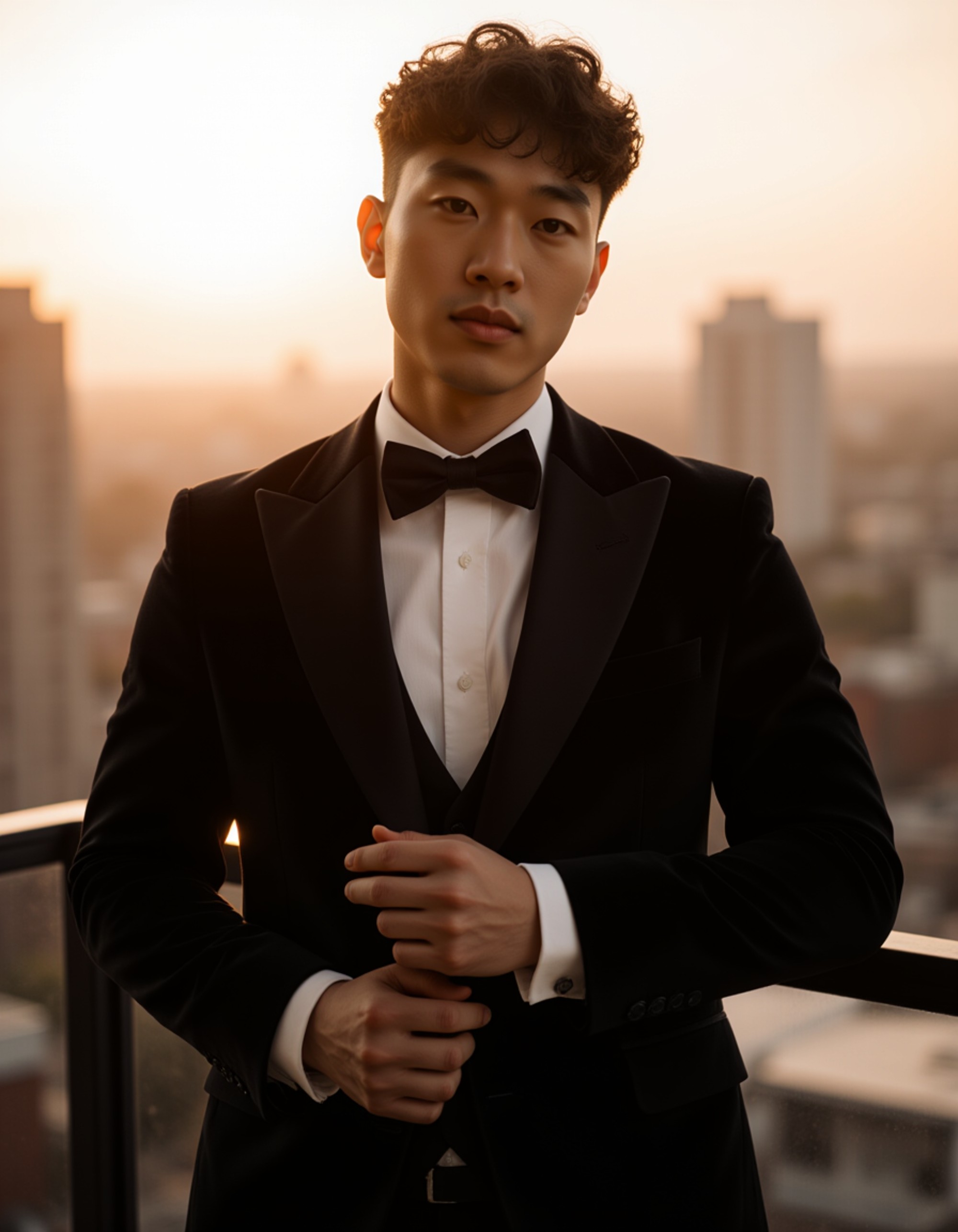 a confident subject in a tailored velvet tuxedo adjusting cufflinks, backlit by a golden hour cityscape from a penthouse balcony, cinematic lighting, high-end magazine style