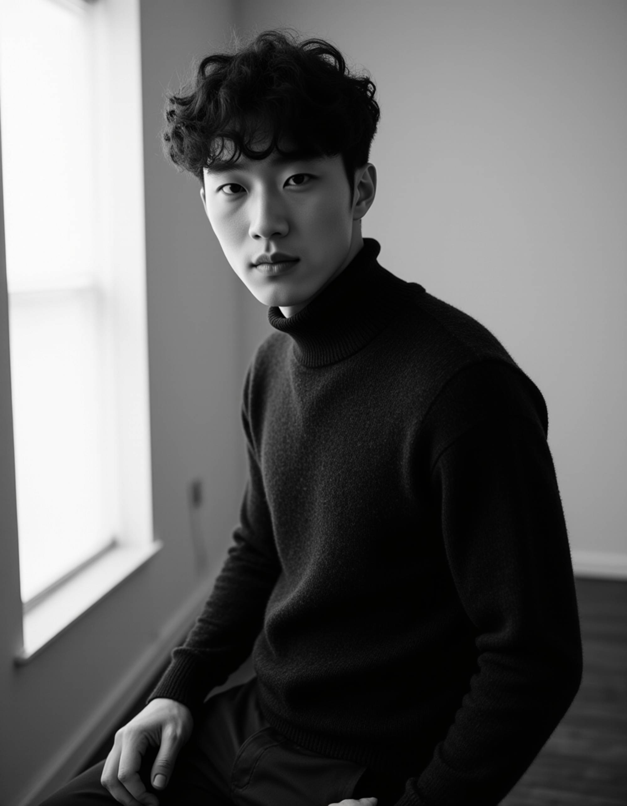 a striking black and white portrait shot with a strong jawline and intense gaze, wearing a textured turtleneck in a studio setting, polished AI glamour photos style