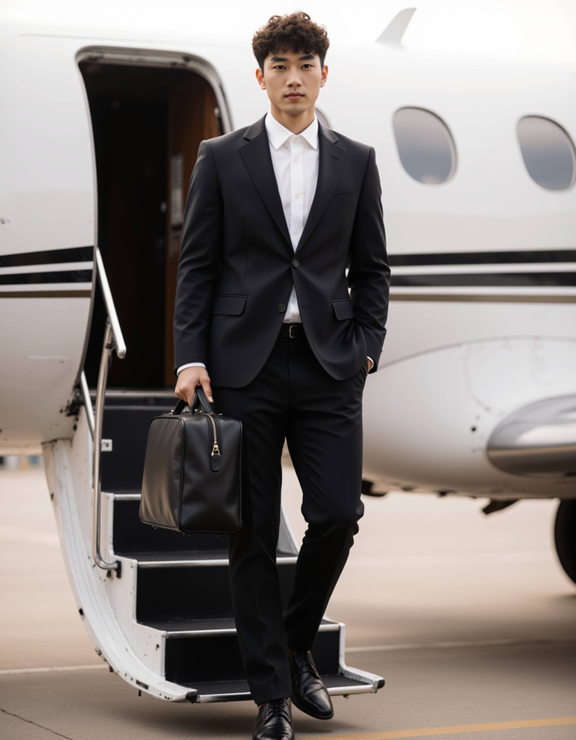 a sharp-dressed figure in a charcoal suit descending steps from a private jet, holding an expensive leather weekender bag, bright aspirational daylight
