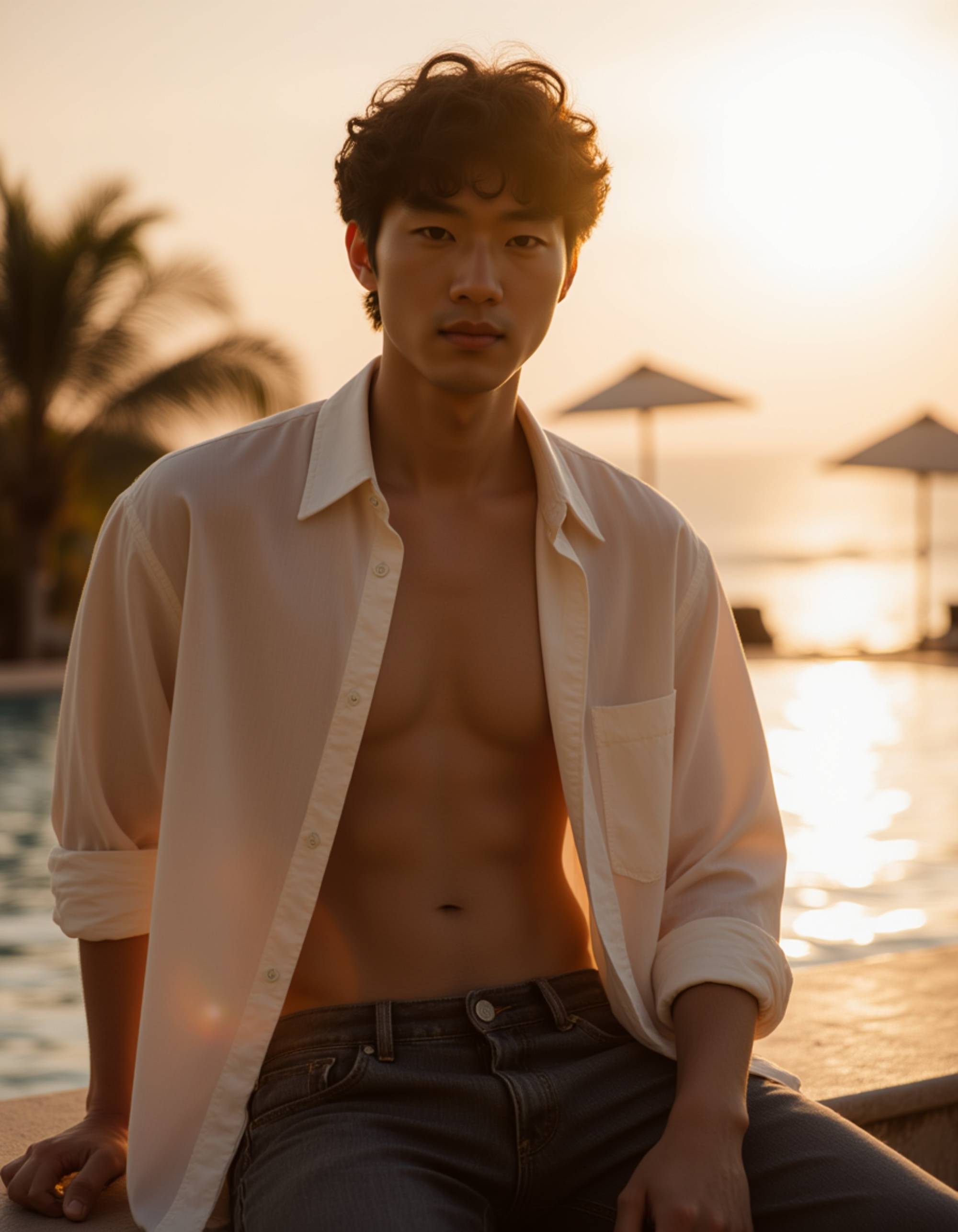 a sophisticated subject in an open silk shirt lounging by an infinity pool at sunset, holding a rocks glass, warm rich color grading, opulent resort setting