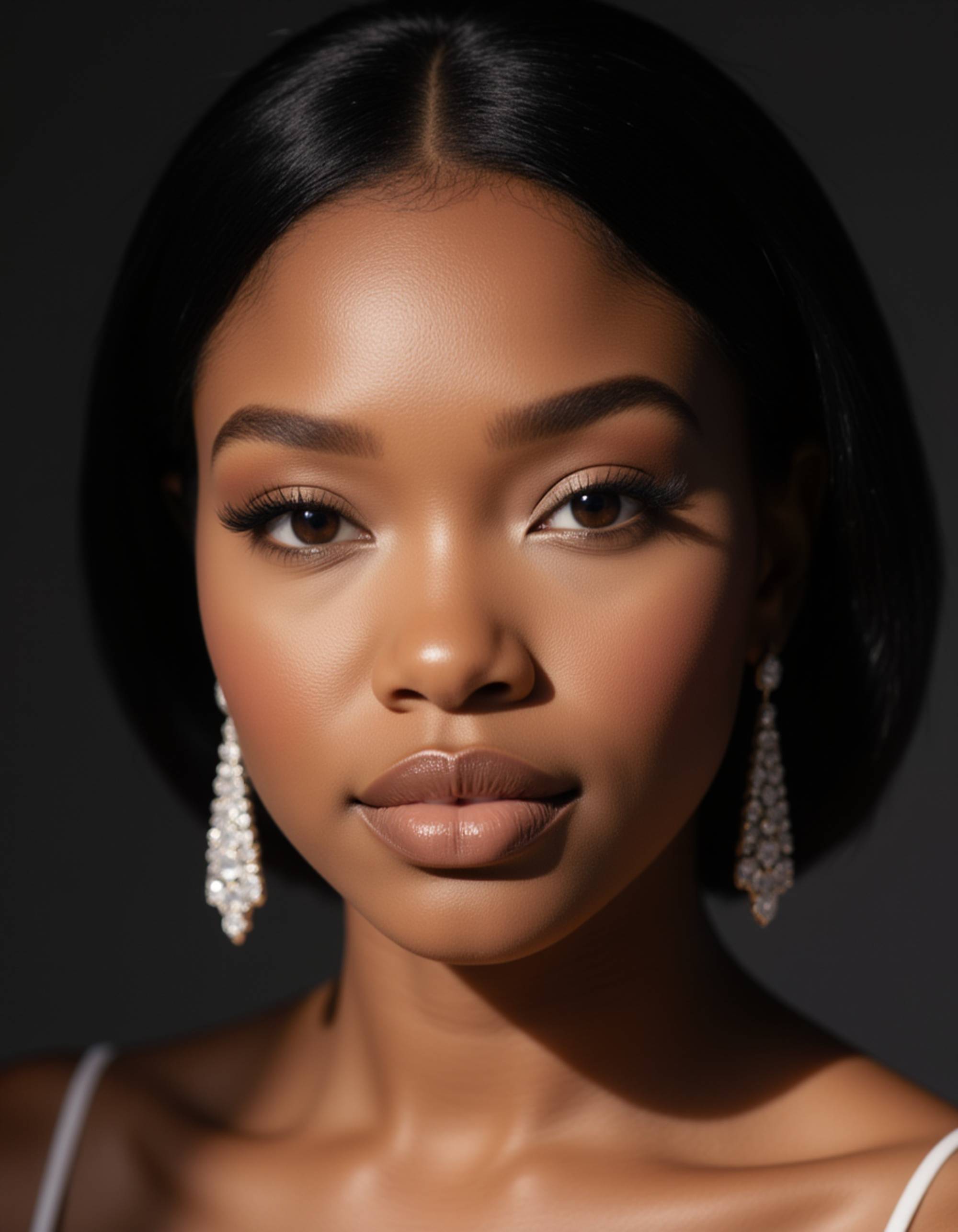 a stunning close-up beauty portrait featuring flawless makeup, glossy lips, and statement diamond earrings, soft studio lighting highlighting cheekbones, polished AI glamour photos style