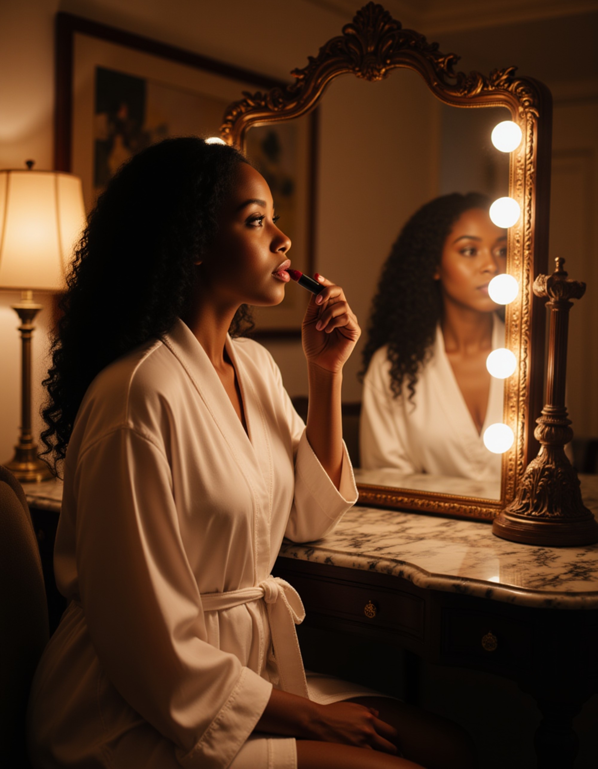 a sophisticated subject wrapped in a silk robe sitting at an ornate vanity mirror, applying lipstick in a lavishly decorated hotel suite, warm ambient lighting, cinematic feel