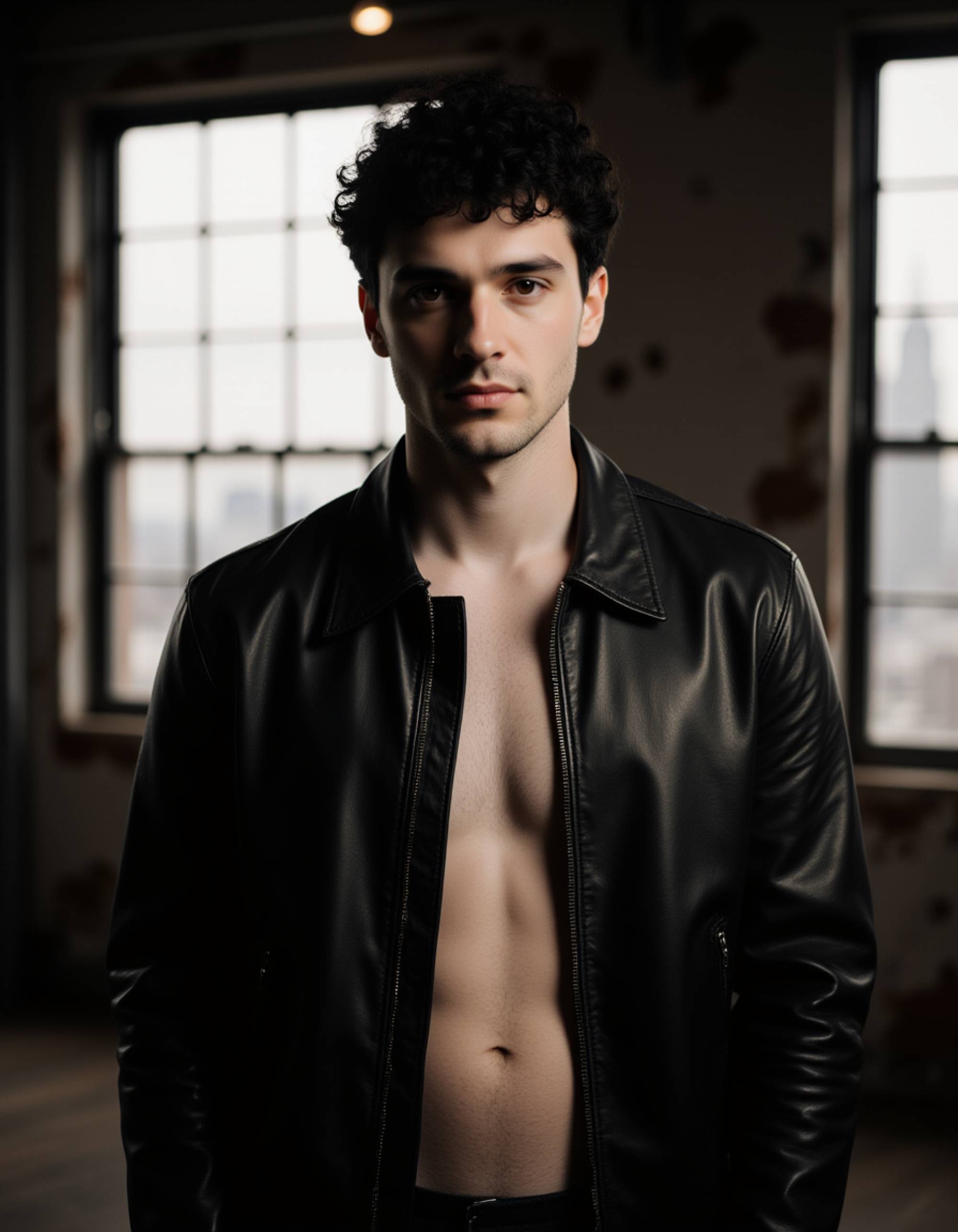 individual wearing an open black leather jacket over bare chest, standing in an urban loft with floor-to-ceiling windows, moody atmospheric lighting