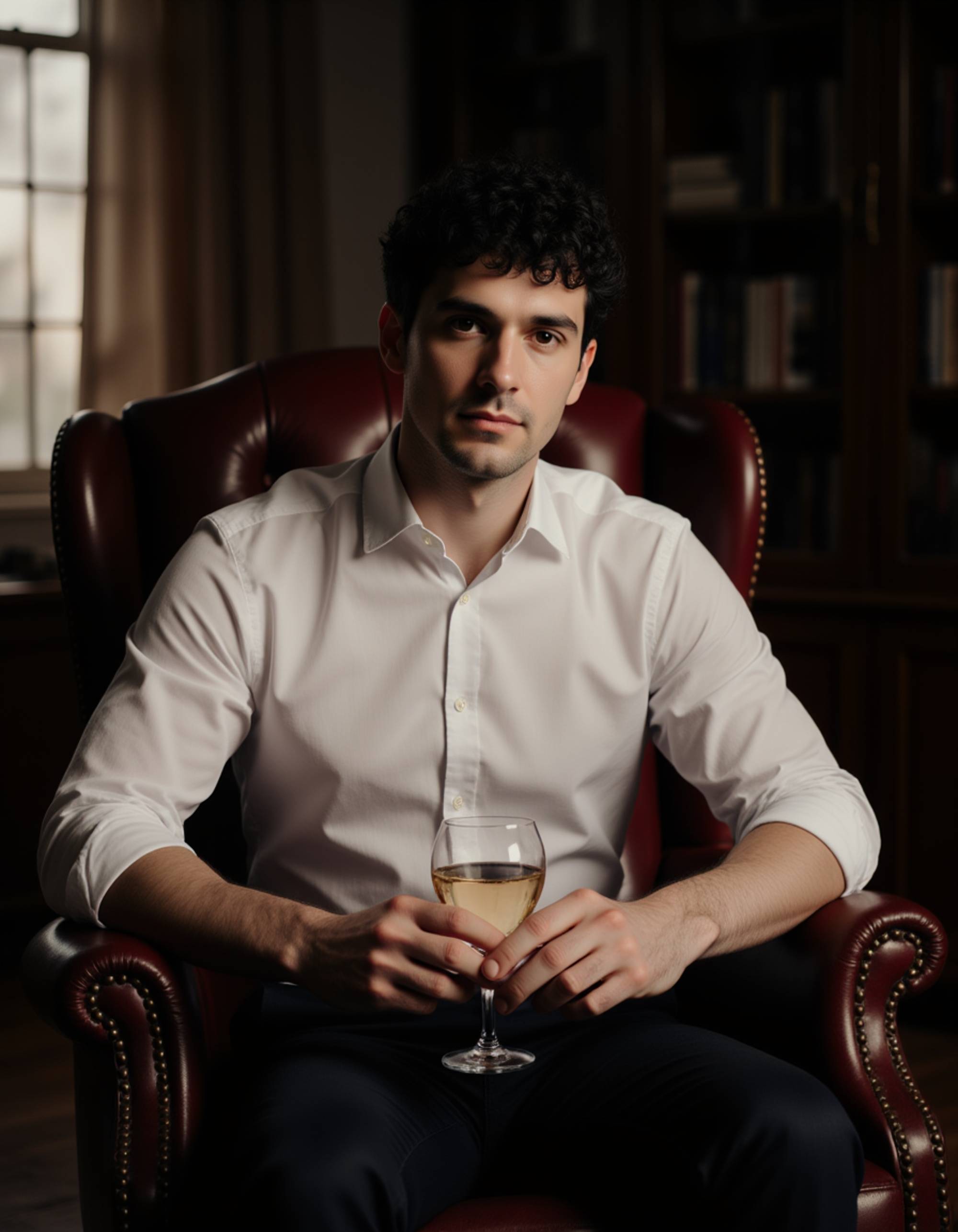 figure in a crisp white dress shirt with rolled sleeves, sitting on a velvet armchair in a dimly lit study, holding a crystal glass, cinematic lighting