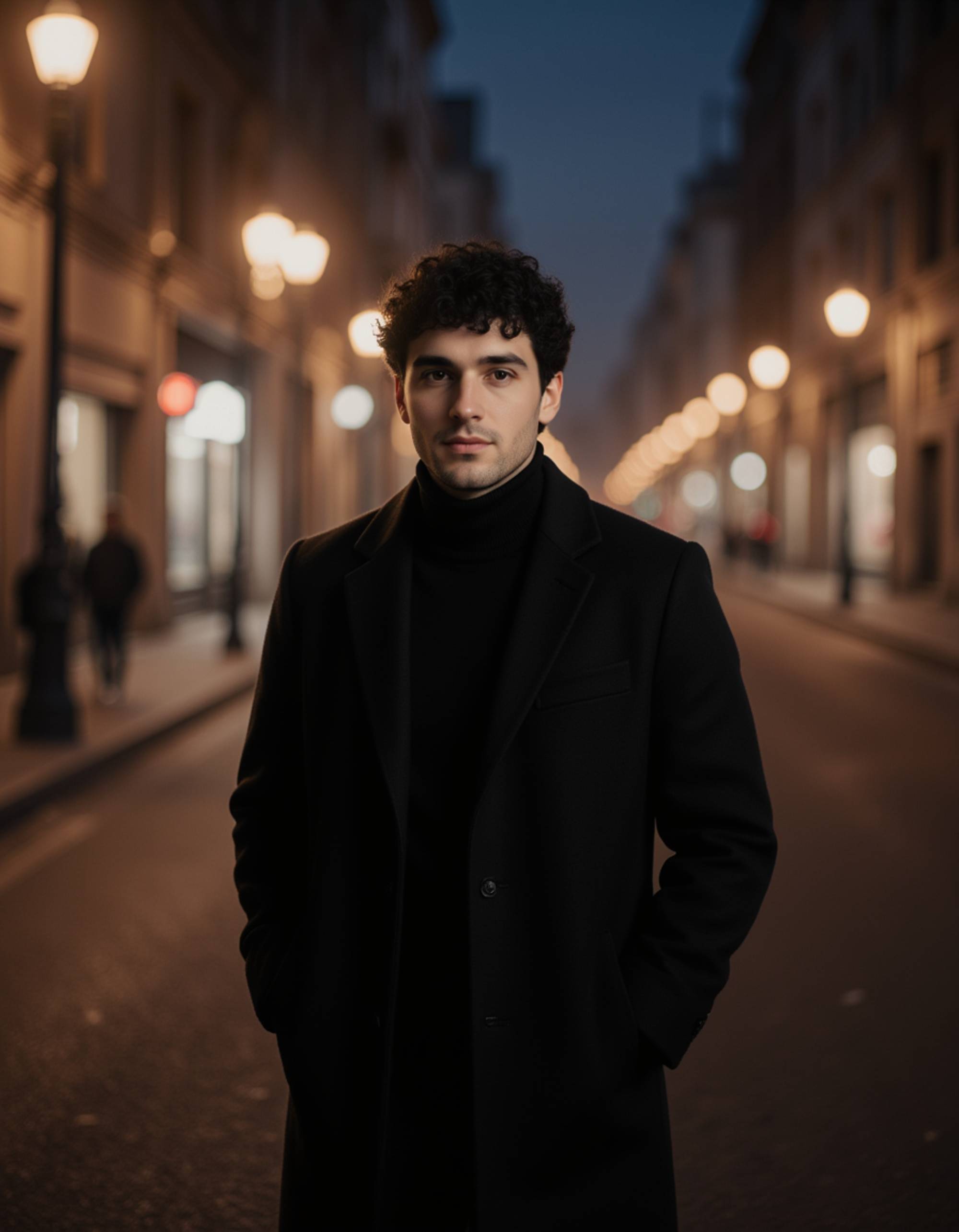 person in a fitted turtleneck and wool overcoat walking through a misty city street at night, streetlights creating a glamorous bokeh effect in the background