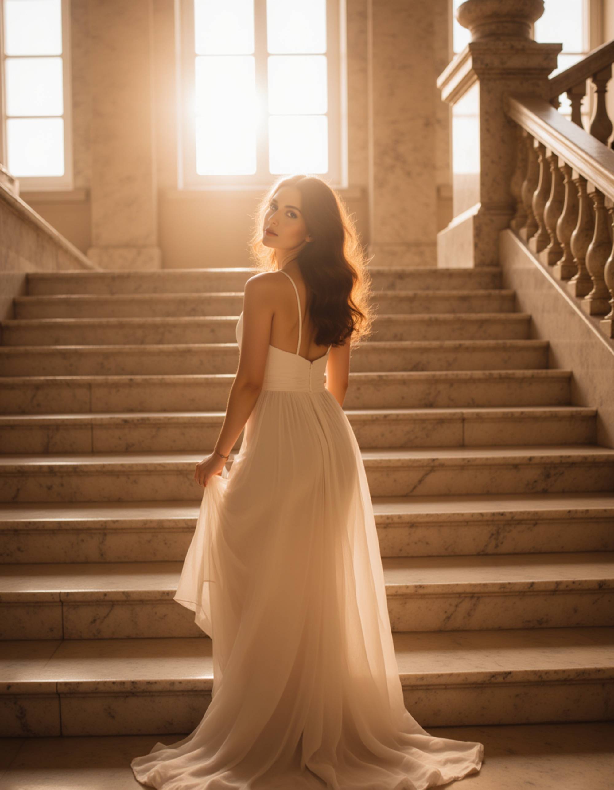 person draped in flowing chiffon fabric, posed on a grand staircase with ornate railings, golden hour light streaming through tall windows