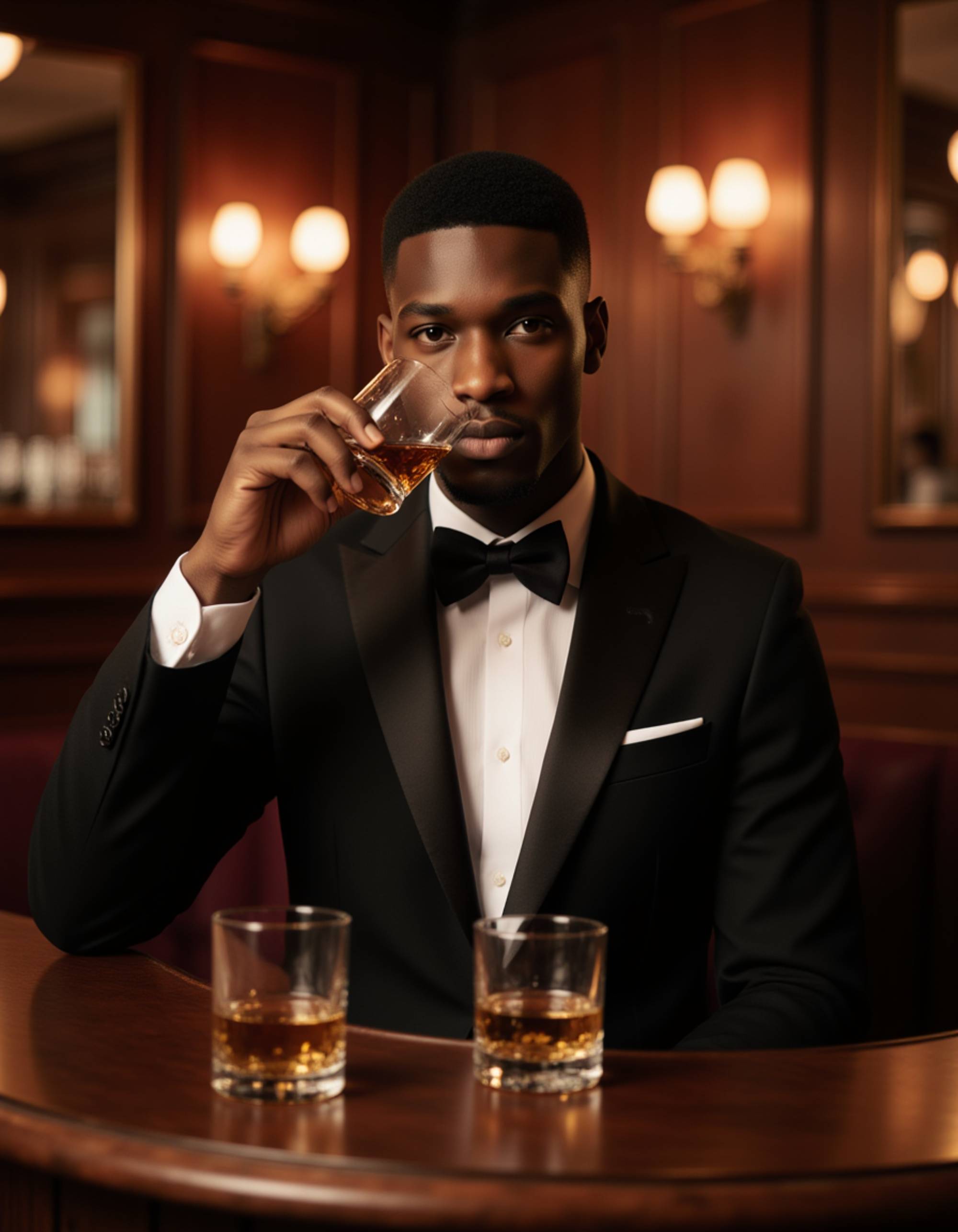 a dapper subject in a tailored tuxedo sipping whiskey at an opulent, mahogany-paneled bar, warm ambient lighting reflecting off crystal glasses, cinematic feel