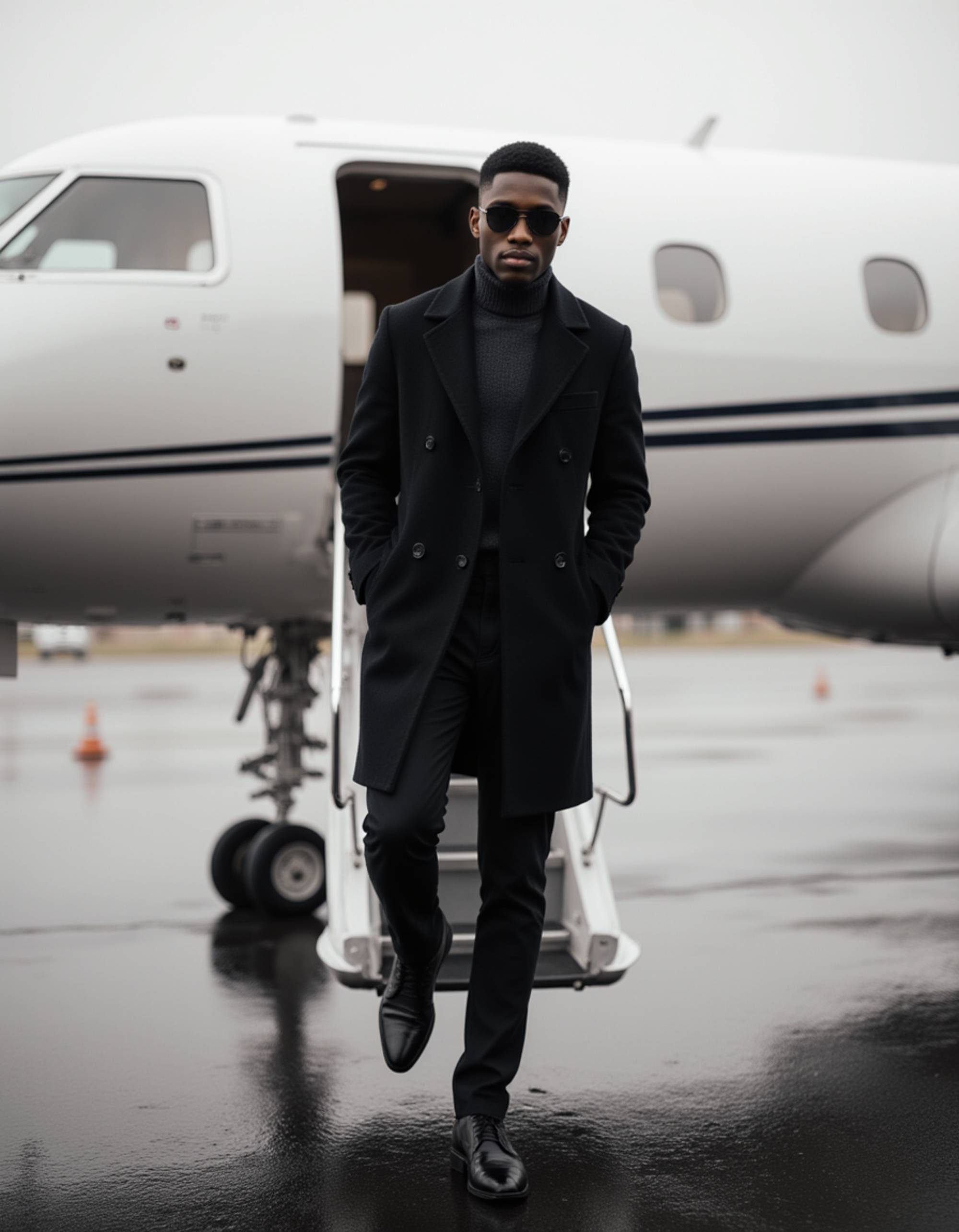 a sharp figure in a cashmere coat and designer sunglasses descending the stairs of a private jet, tarmac wet from recent rain reflecting lights, high-contrast editorial style