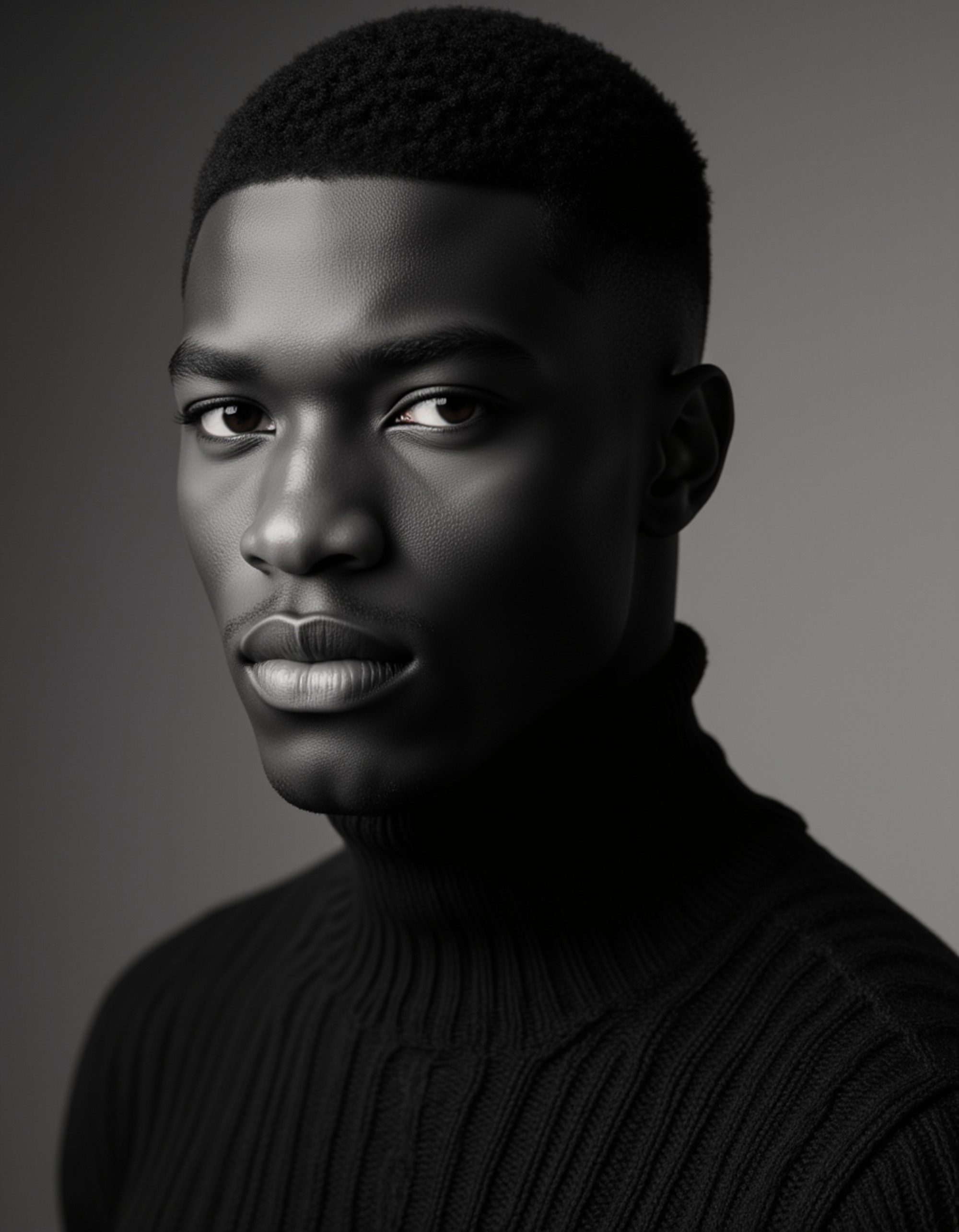 a striking black and white studio portrait focusing on strong facial features and a textured knit turtleneck, dramatic side lighting, achieving that polished AI glamour photos look