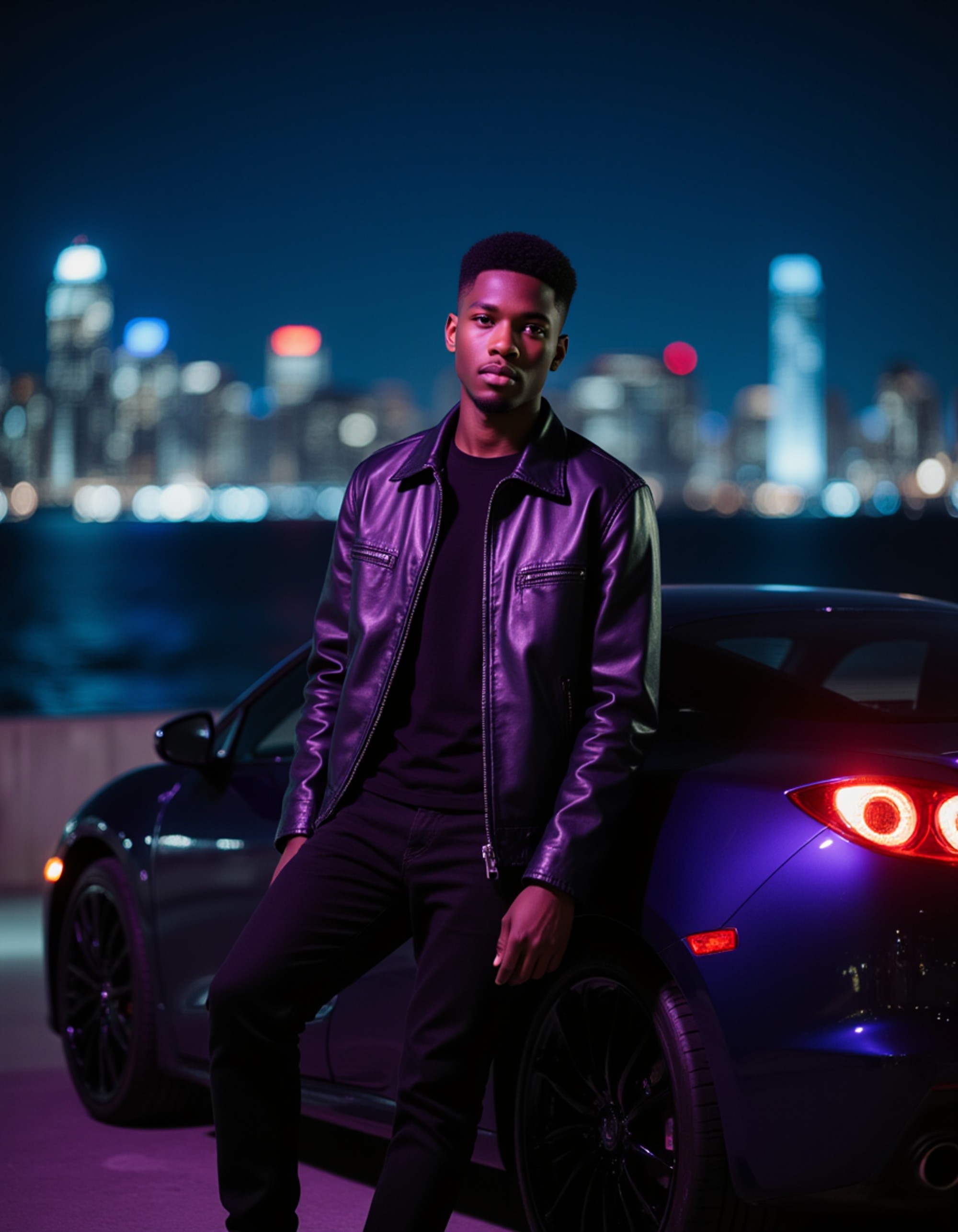 a cool individual in a vintage leather jacket leaning against a luxury sports car at night, city skyline bokeh in the background, moody blue and purple neon lighting