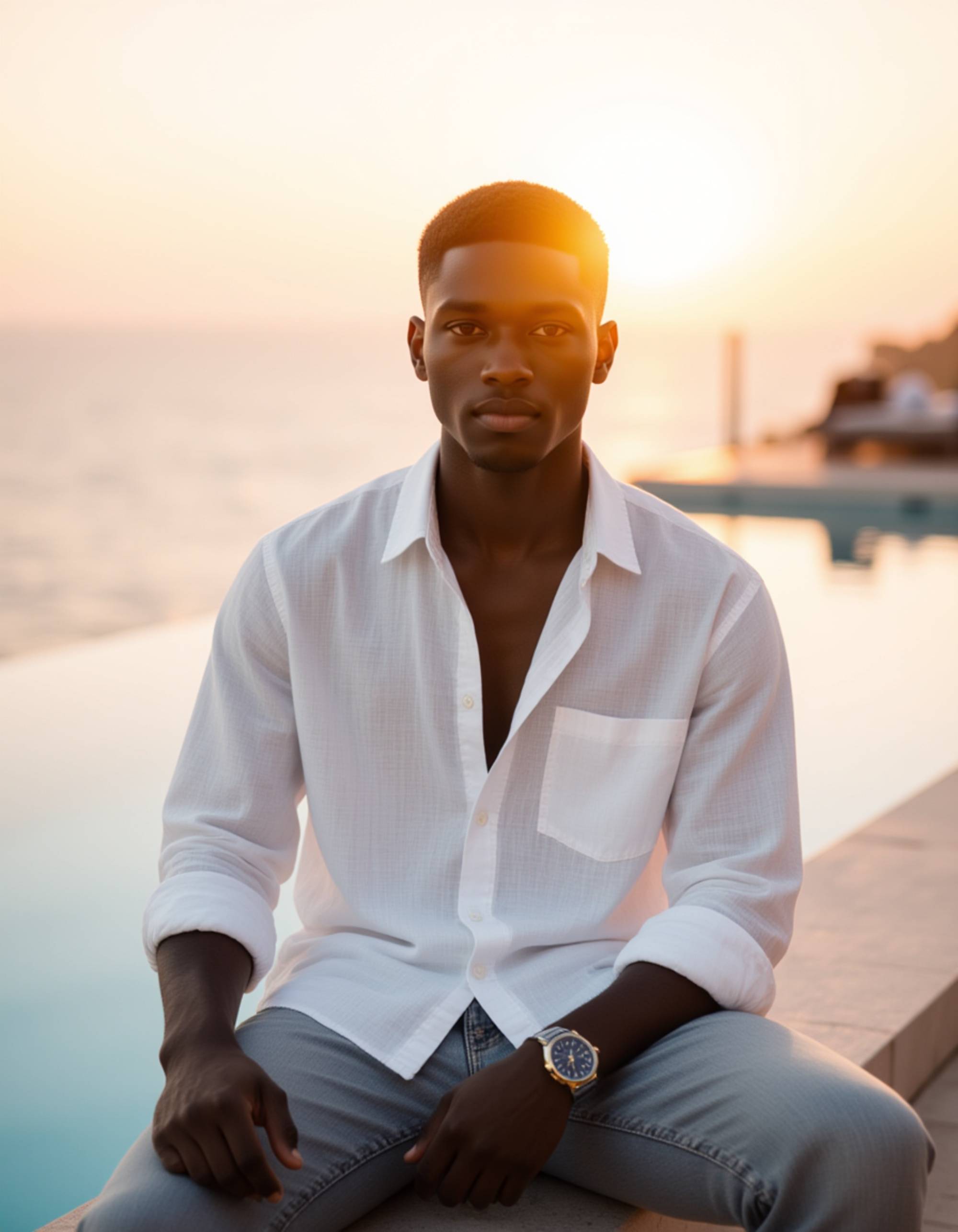a confident subject in a linen shirt unbuttoned, lounging by an infinity pool overlooking the ocean at sunset, golden hour light, expensive watch visible on wrist