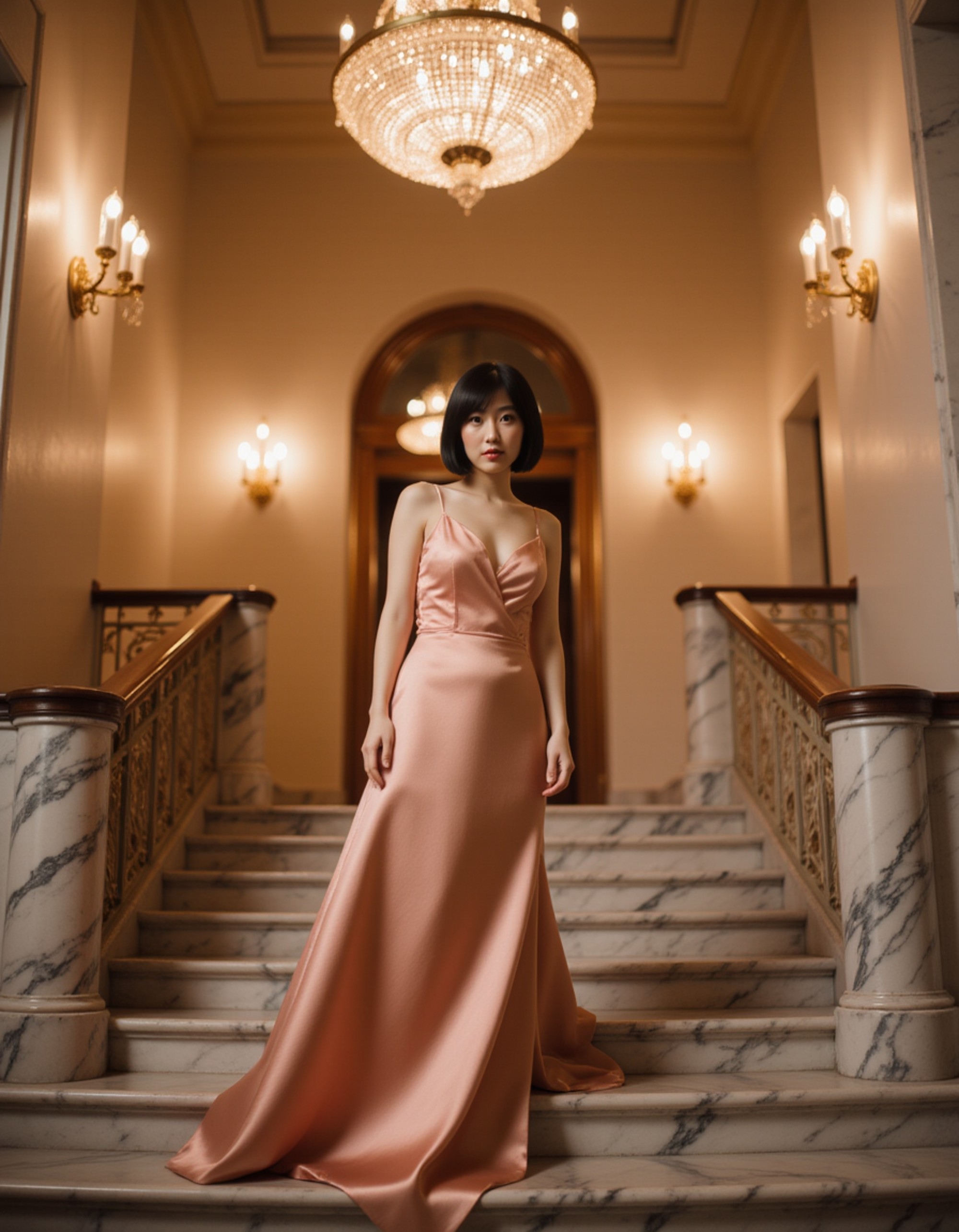 a captivating subject in a flowing satin evening gown posing on a grand marble staircase, bathed in warm chandelier light, opulent architecture in the background, high-society editorial feel