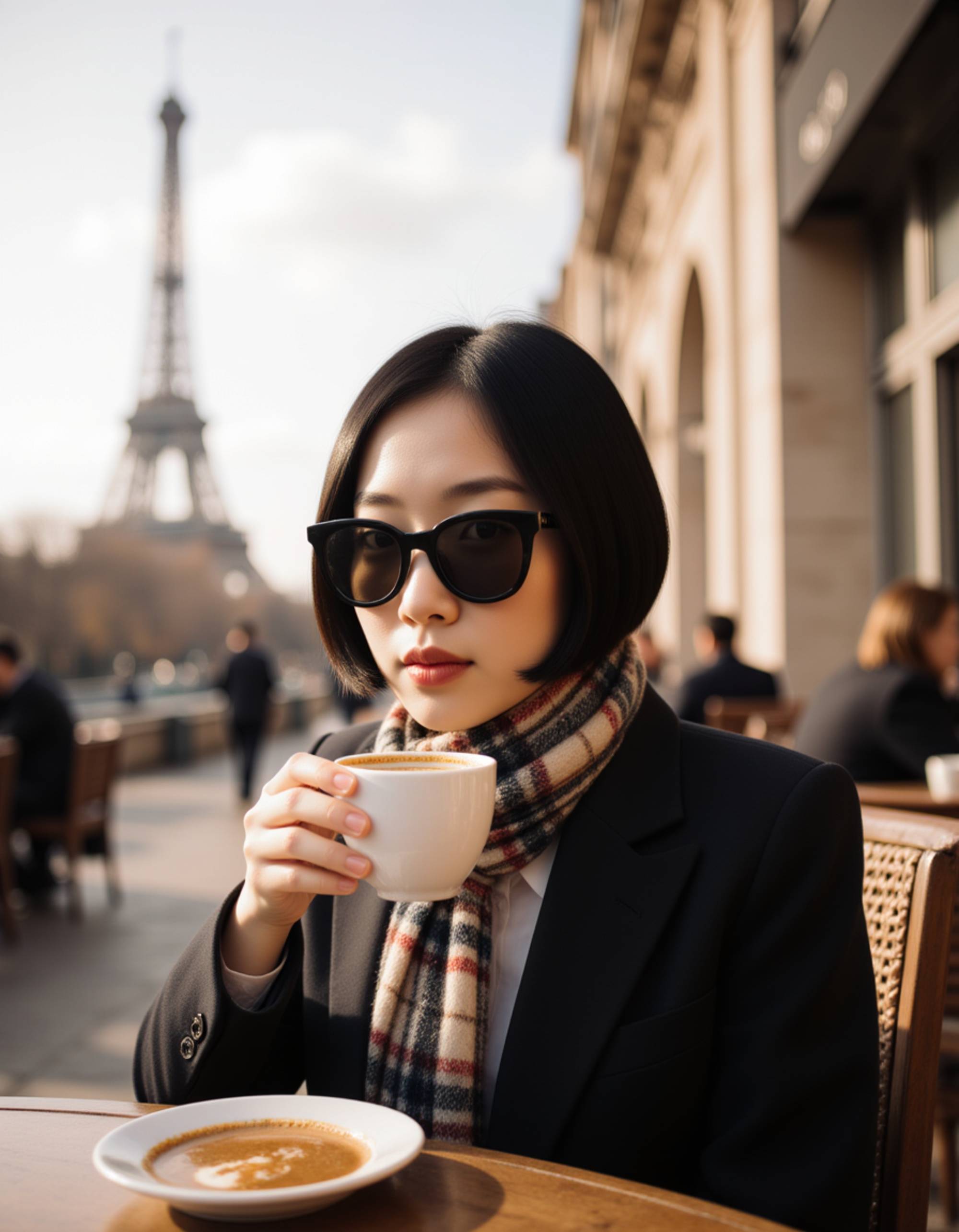 an elegant figure wearing oversized sunglasses and a chic designer scarf, sipping an espresso at a Parisian cafe terrace, blurred Eiffel Tower in the distance, aspirational lifestyle photography