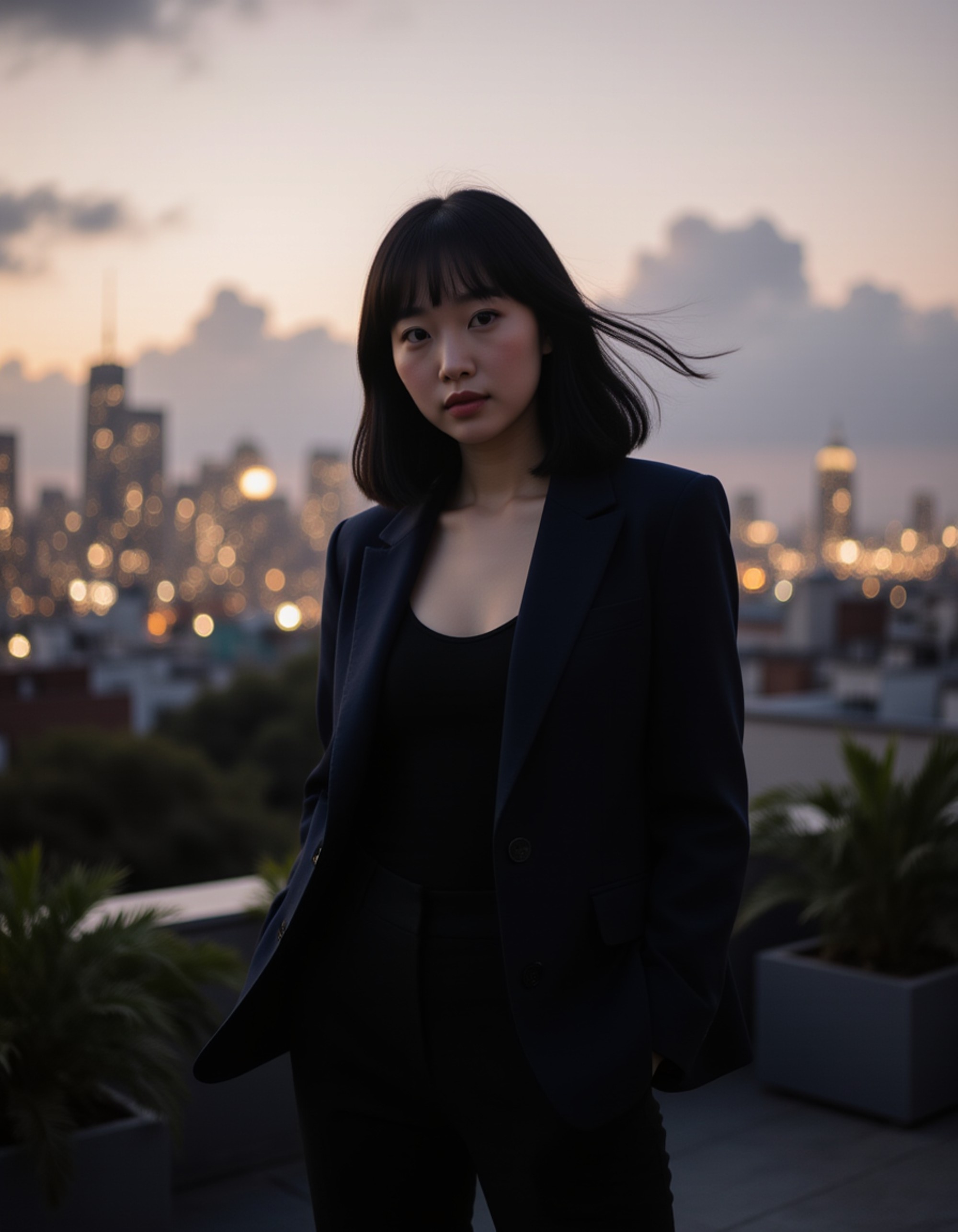 a confident individual in a tailored power suit standing on a rooftop garden at twilight, city lights beginning to glow below, strong pose with wind blowing hair slightly, cinematic quality