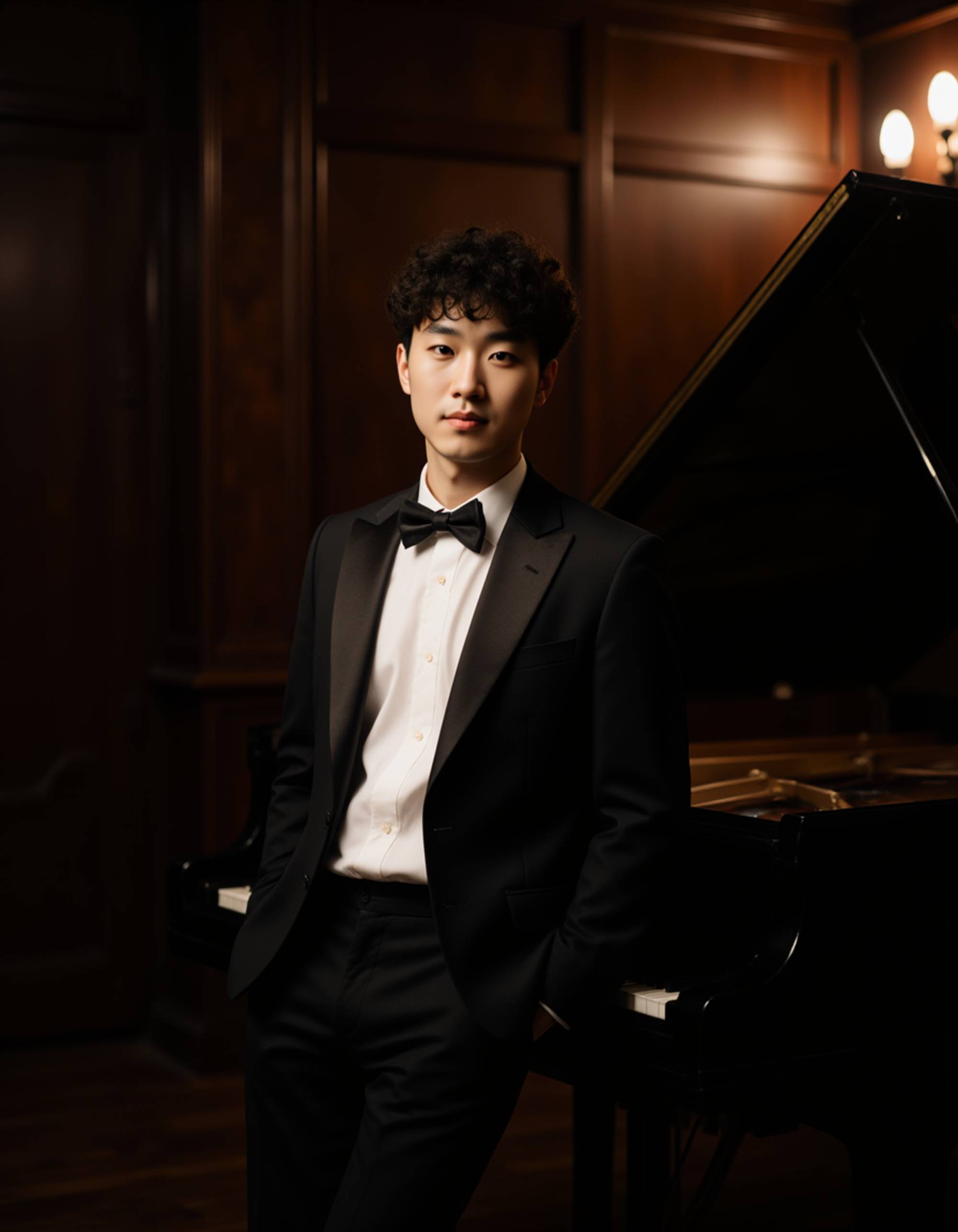 figure in a black tuxedo jacket draped over shoulders, leaning against a grand piano in a dimly lit lounge, dramatic spotlight from above