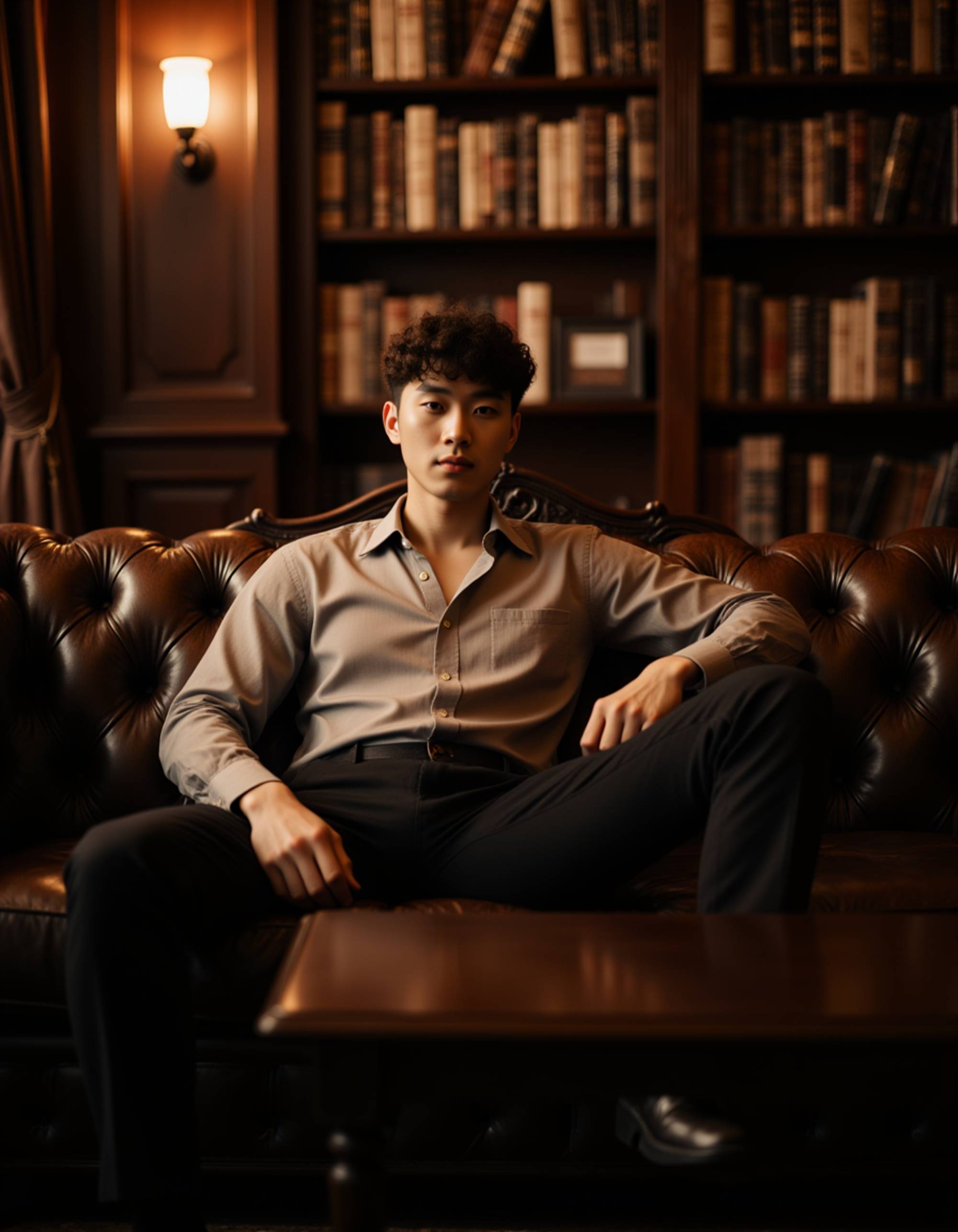 individual in an unbuttoned silk shirt and tailored pants, reclining on a leather sofa in a library setting, warm firelight casting golden shadows