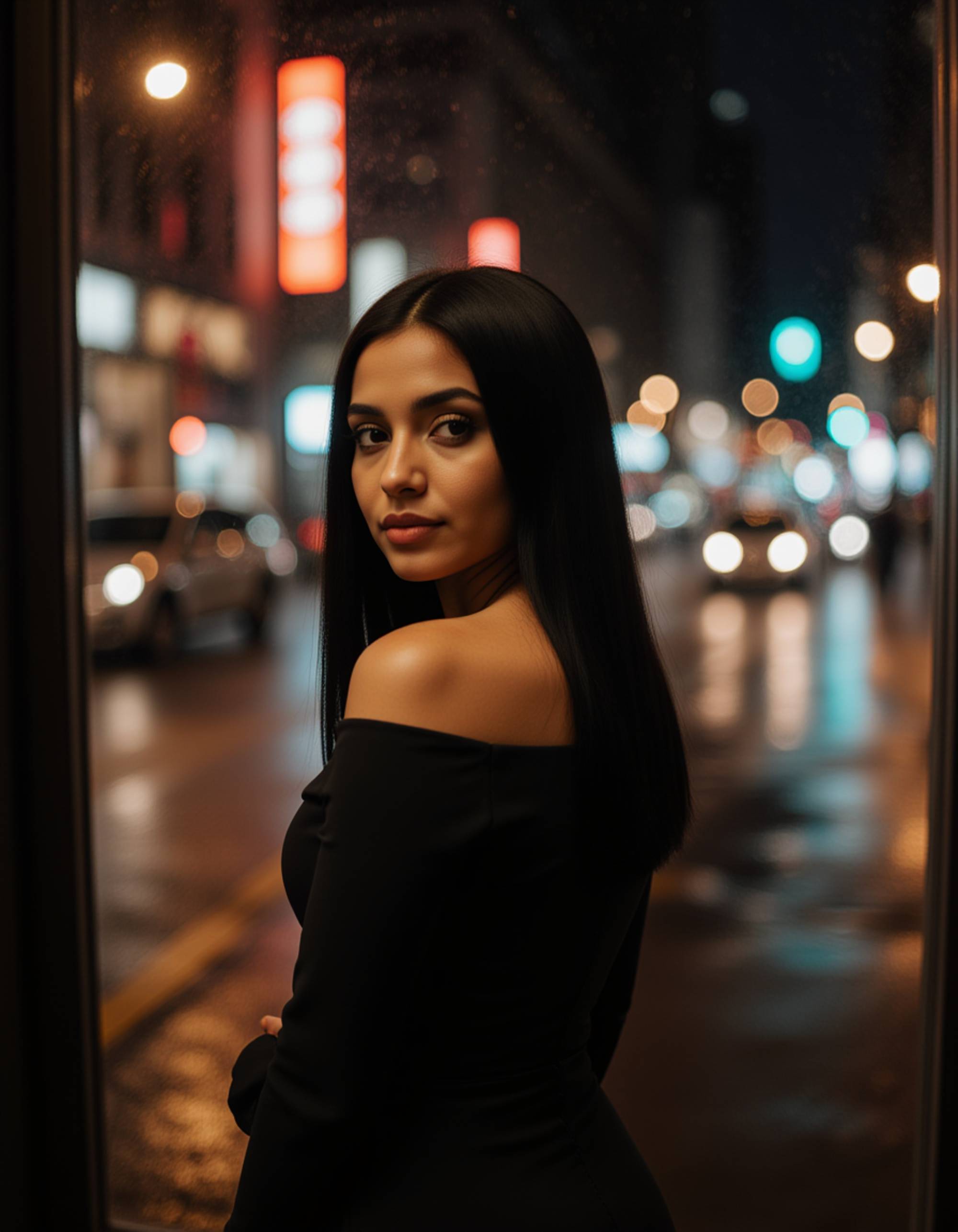 figure in a sleek black off-shoulder dress, standing in front of a rain-streaked window at night, city lights creating bokeh reflections