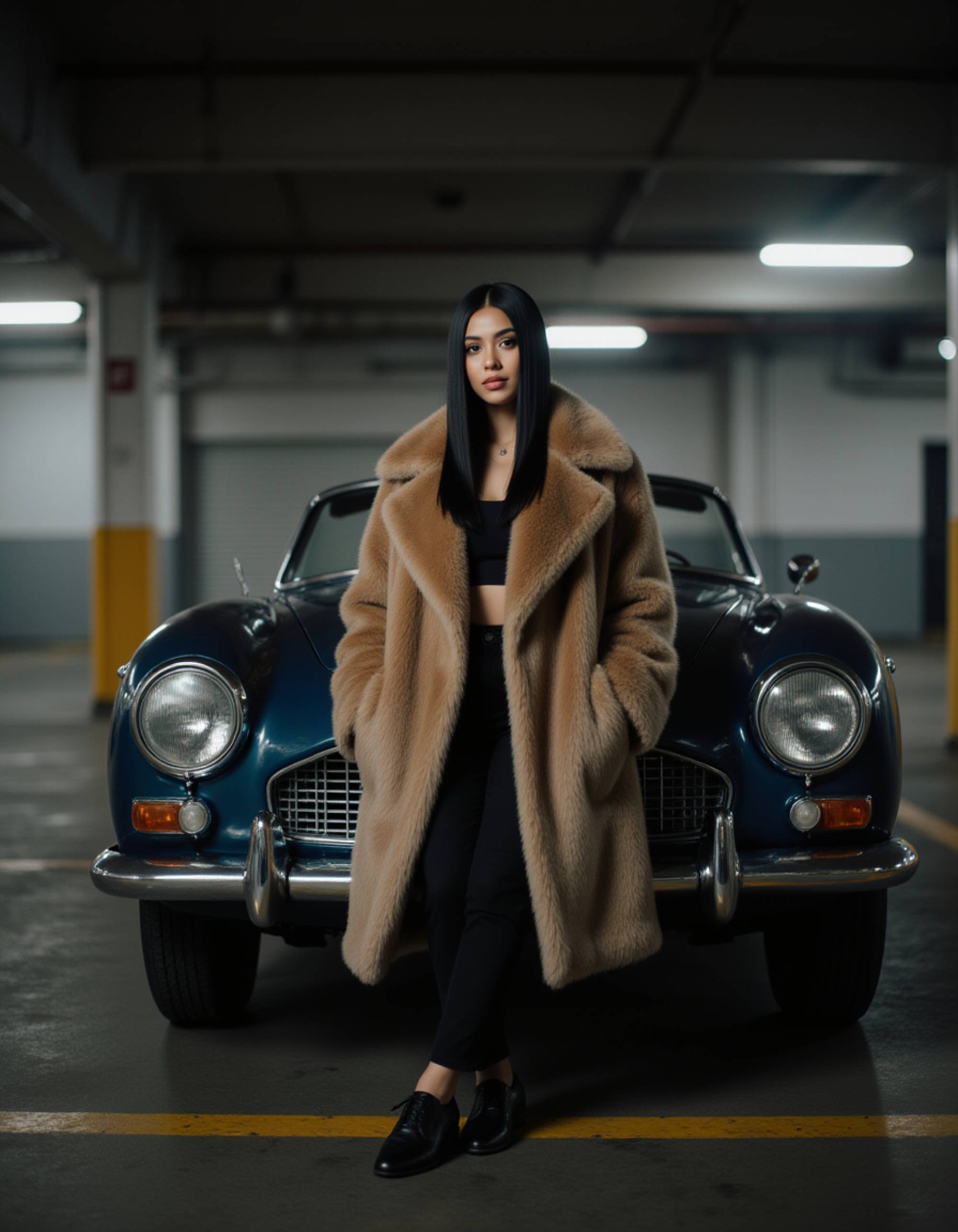 person draped in a faux fur coat over a minimalist outfit, leaning against a vintage convertible in a misty parking garage, cinematic noir lighting