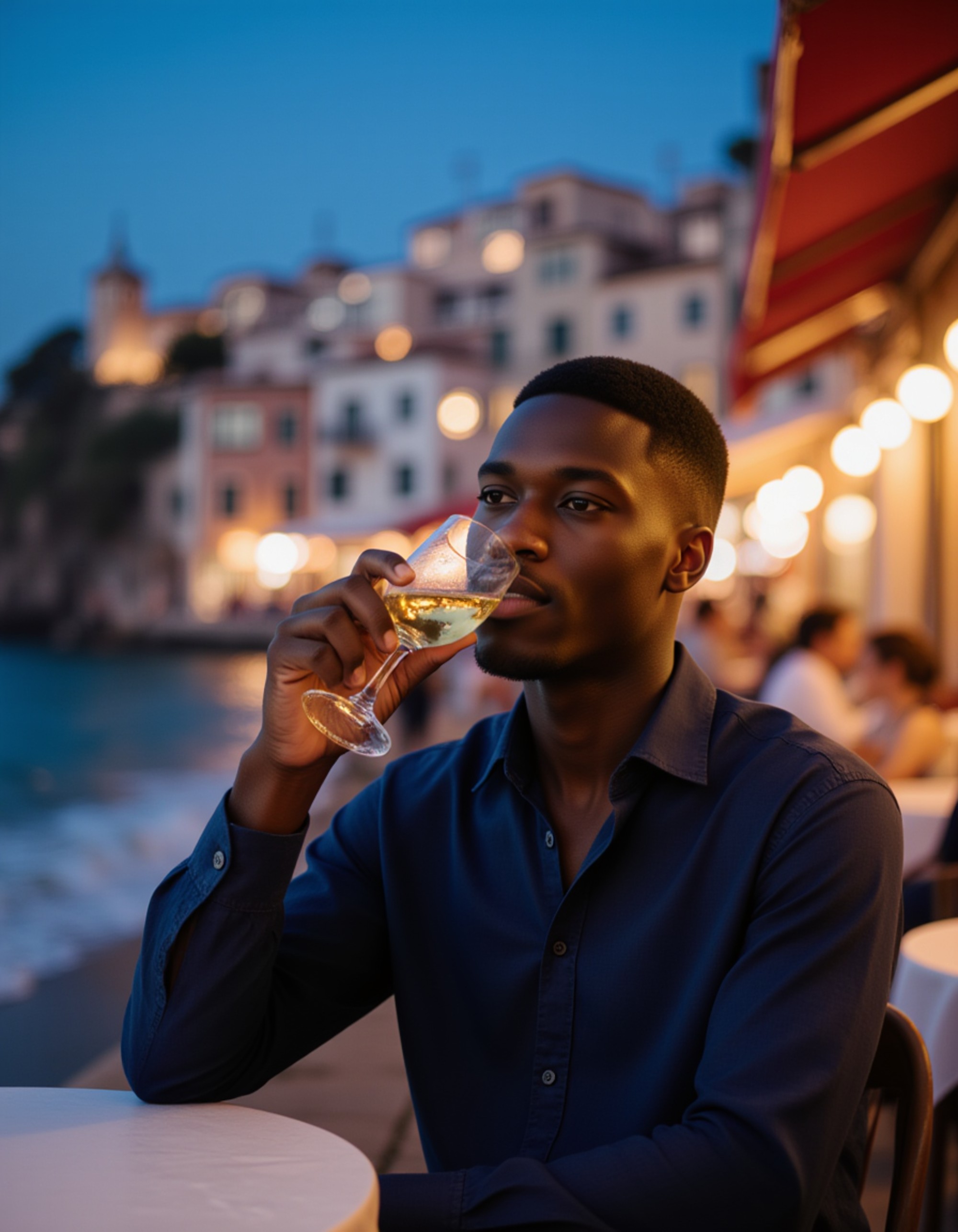 a relaxed figure in a tailored navy linen shirt sipping ouzo at a cliffside table in Little Venice, waves crashing gently below, warm ambient lighting from tavernas contrasting against the deep blue twilight sky, high-end travel photography