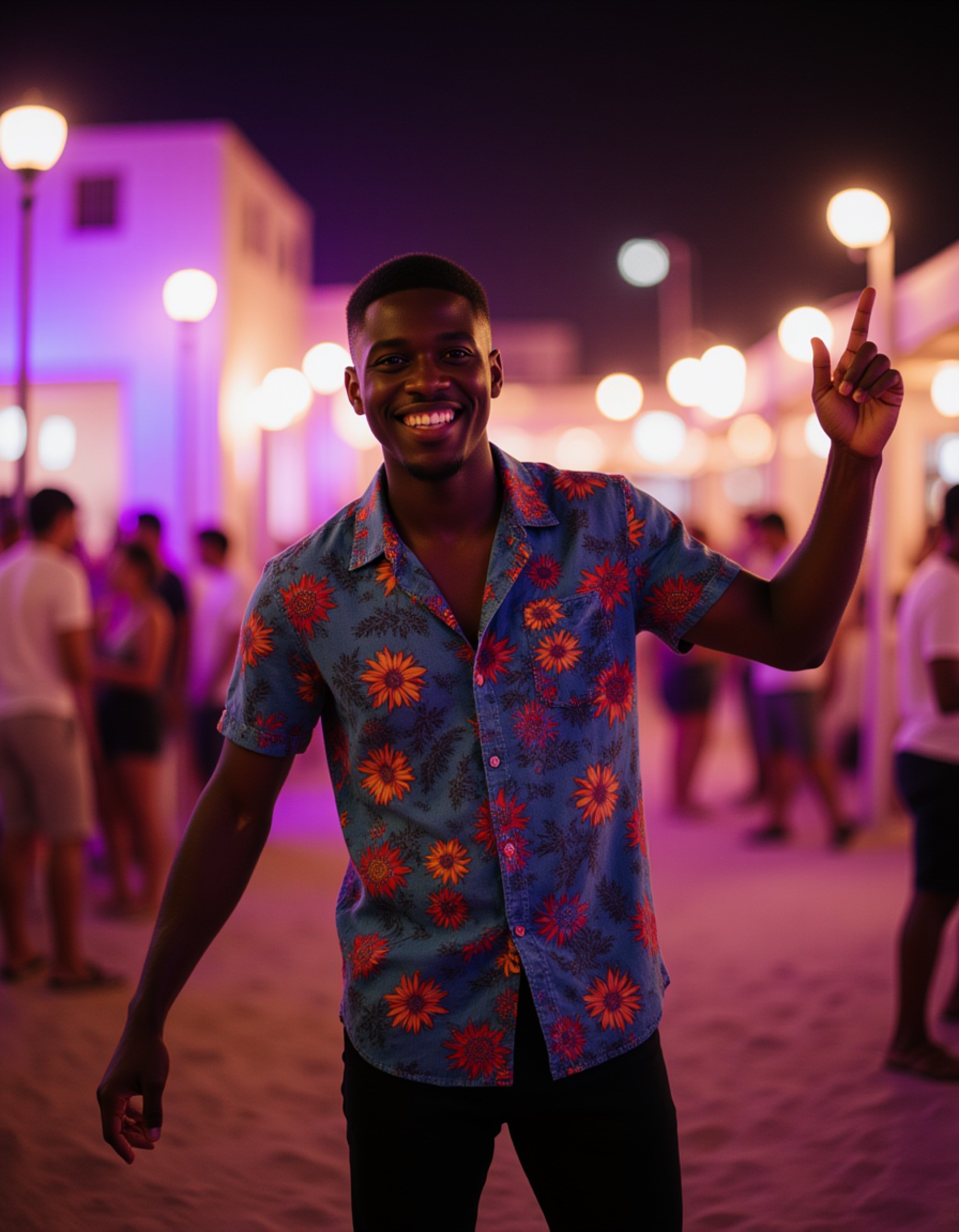 a stylish subject dancing in an open-air upscale beach club, surrounded by a lively crowd, strobe lights and neon reflecting off white architectural elements, wearing a designer patterned short-sleeve shirt, energetic nightlife vibe capturing the essence of AI Mykonos Nights Photos