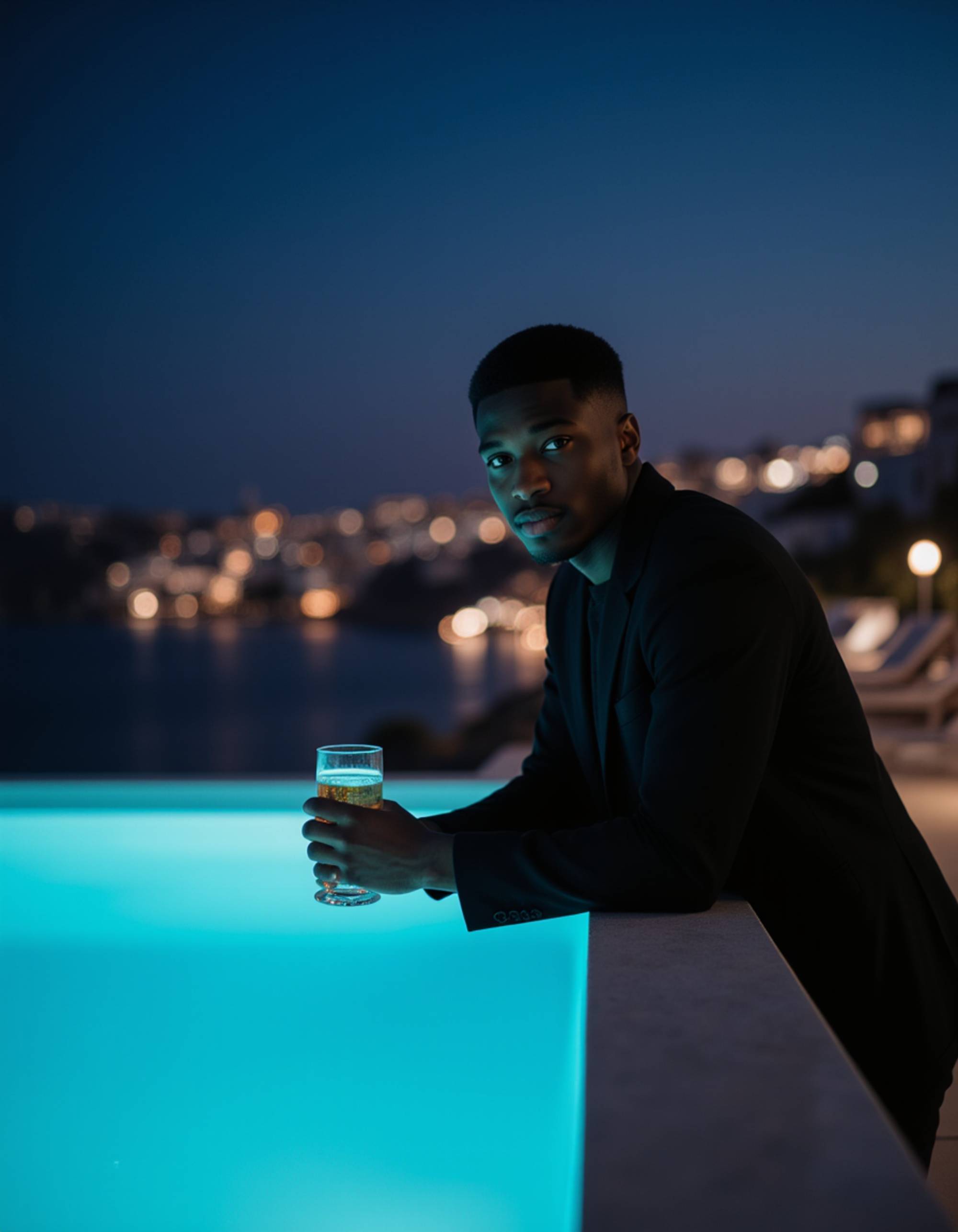 a sophisticated individual leaning on the edge of an illuminated infinity pool at a private luxury villa, looking out over the glittering lights of Chora town and the dark Aegean sea, holding a rocks glass, cinematic color grading