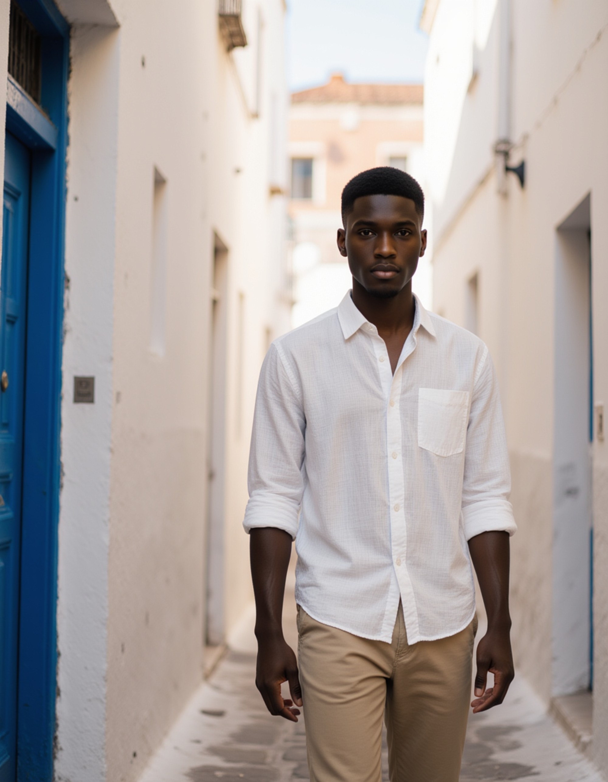 a cool subject in a textured white shirt and chinos walking through a narrow, winding cobblestone alley, warm lantern light casting long shadows against iconic whitewashed walls and blue doors, candid street style aesthetic