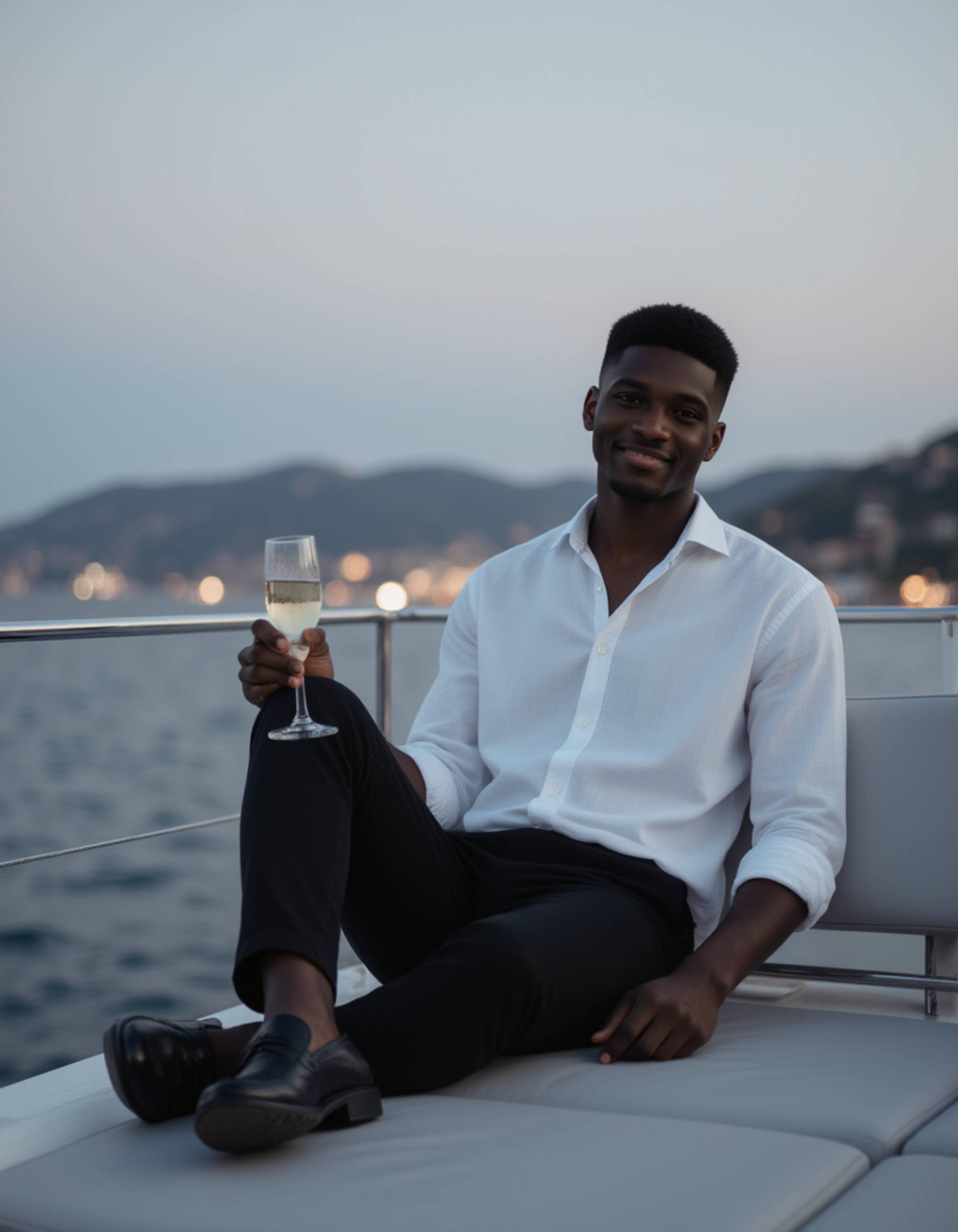 a sharp-dressed figure lounging on the deck of a superyacht moored off the coast, distant shore lights reflecting on the water, holding a champagne flute, wearing a crisp button-down and loafers, aspirational luxury vibe