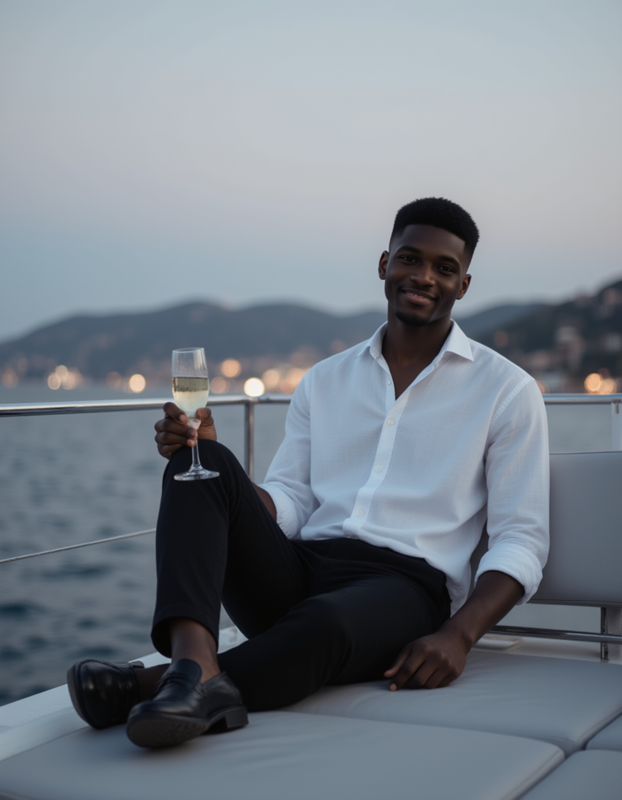 a sharp-dressed figure lounging on the deck of a superyacht moored off the coast, distant shore lights reflecting on the water, holding a champagne flute, wearing a crisp button-down and loafers, aspirational luxury vibe