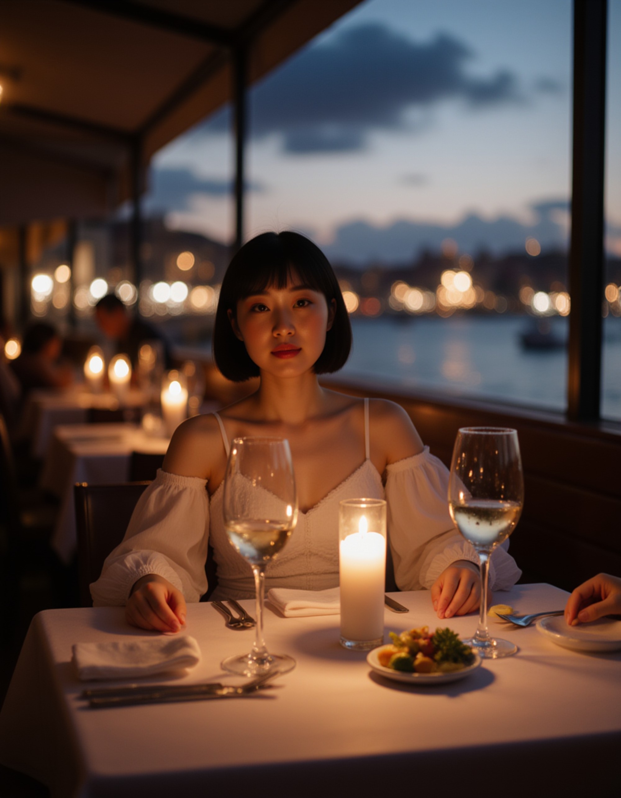 an elegant figure seated at a sea-splashed table in Little Venice, enjoying a candlelit dinner as the sky turns deep blue, wearing a chic off-the-shoulder maxi dress, warm light from the taverna reflecting on the water