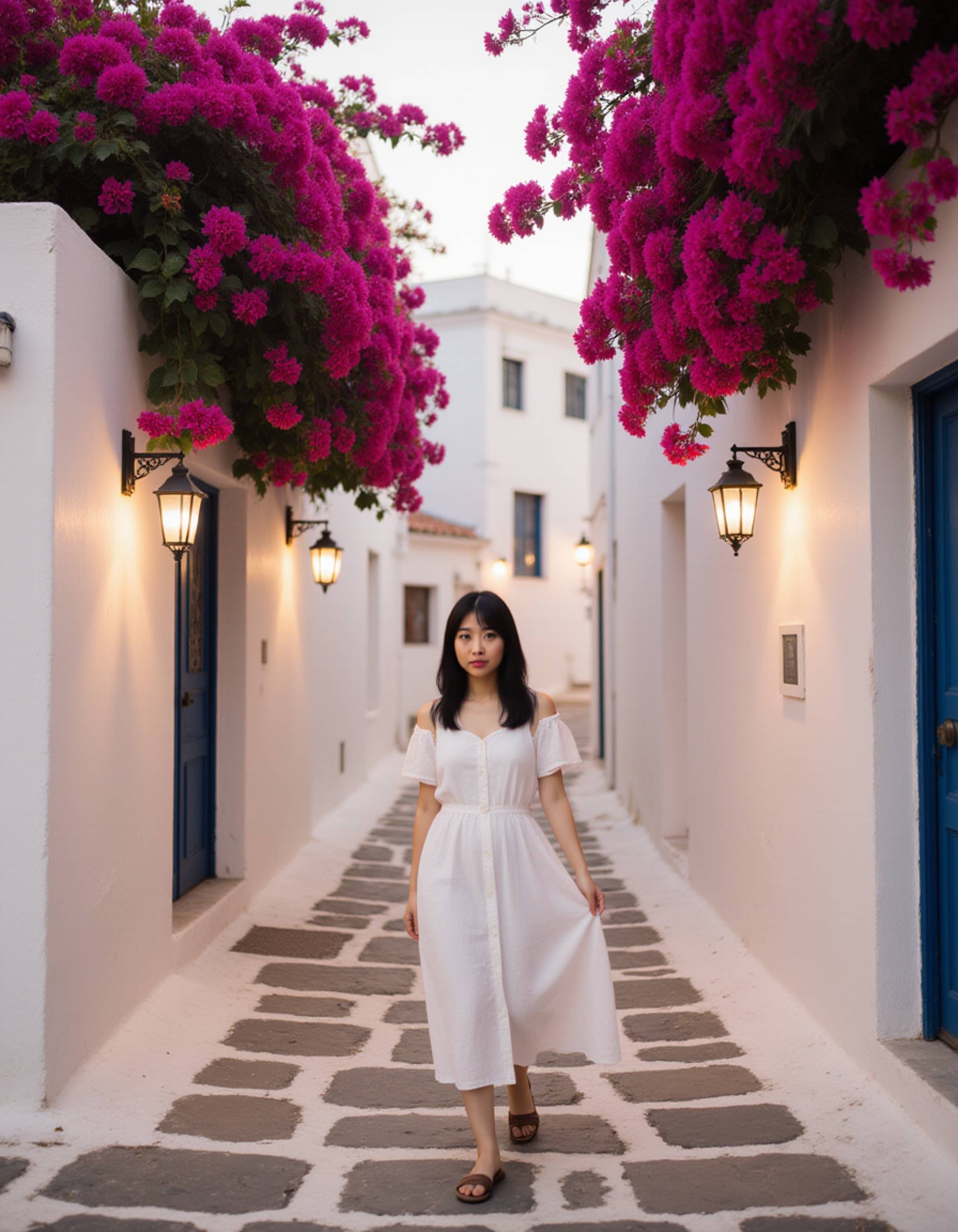 a stylish figure strolling through narrow, winding cobblestone alleyways in Chora, surrounded by vibrant fuchsia bougainvillea illuminated by warm lantern light against whitewashed walls, wearing a flowing white linen dress and Greek sandals