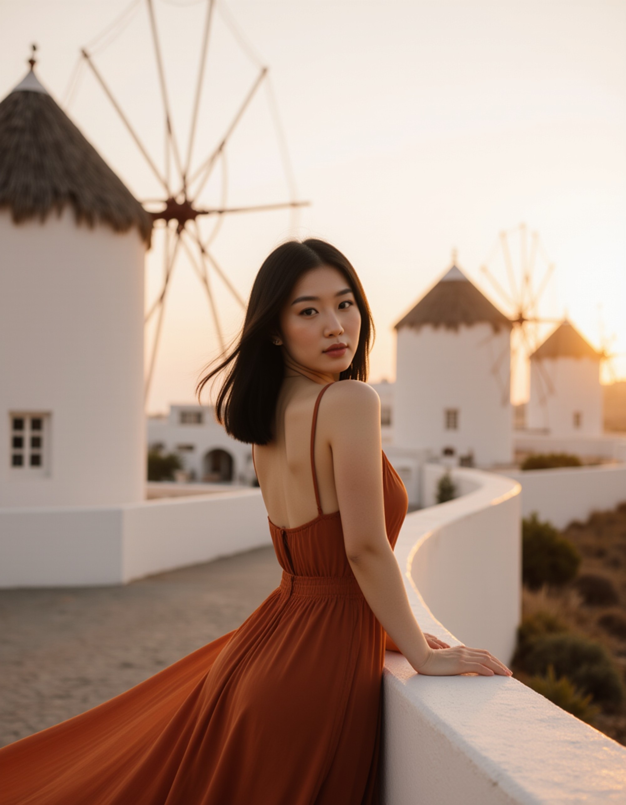 a captivating subject posing near the iconic Mykonos windmills as golden hour transitions to blue hour, wearing a glamorous rust-colored slip dress that catches the dying light, wind gently blowing hair, stunning travel photography aesthetic