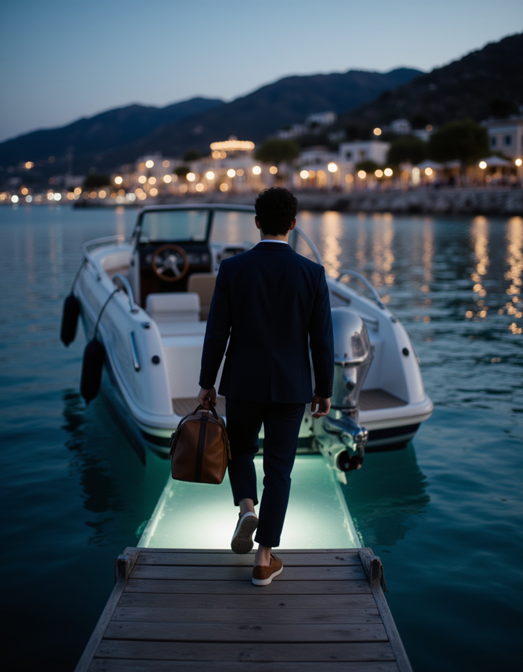 a sharp subject stepping off a sleek Riva tender boat onto a private wooden jetty illuminated by underwater lights, carrying a leather weekender bag, with the distant lights of a bustling Mykonos beach club on the shore, sophisticated travel aesthetic