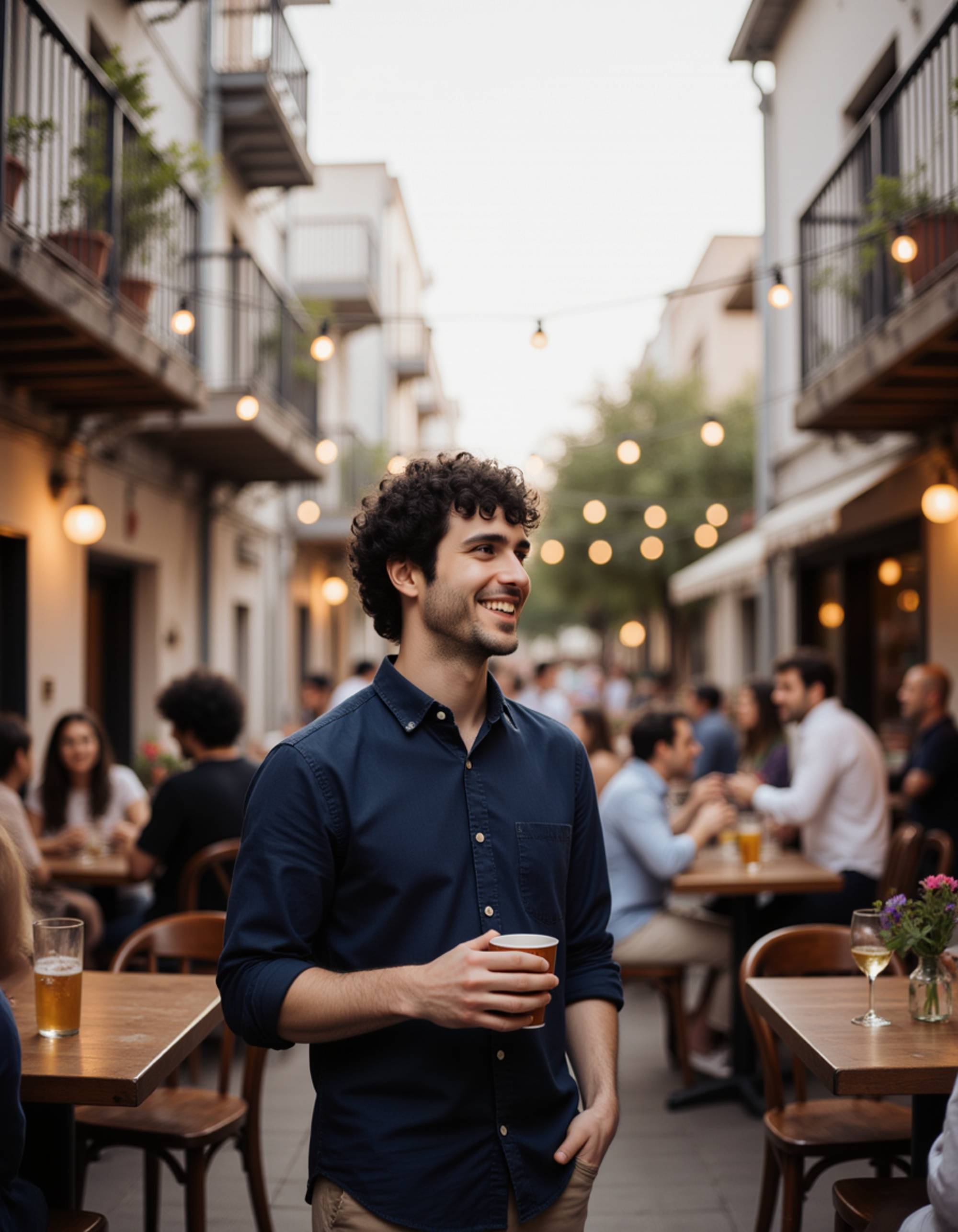 a candid shot of a subject laughing with unseen friends at a crowded, multi-level rooftop bar in Chora, surrounded by potted olive trees and warm string lights, looking down at the busy street below, holding a ceramic cocktail cup