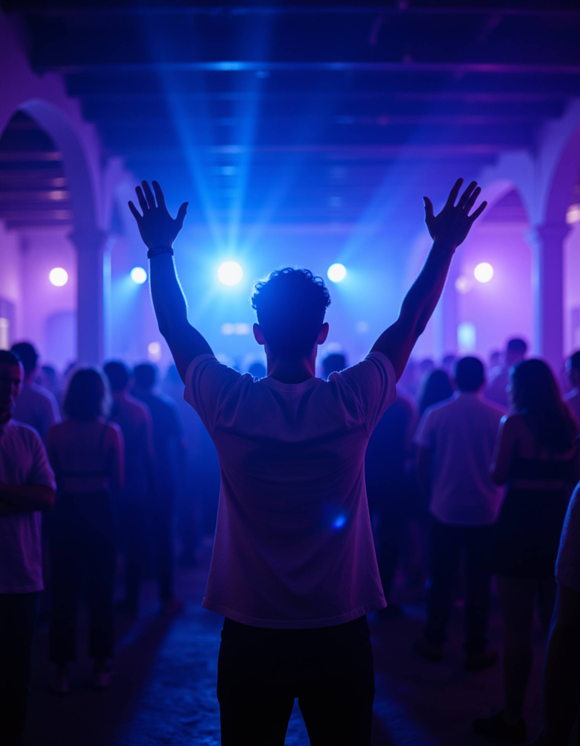 an energetic individual right in the center of a packed open-air dance floor, hands in the air, illuminated by flashing blue and magenta strobe lights reflecting off whitewashed architectural arches, capturing the intense vibe of AI Mykonos Nights Photos