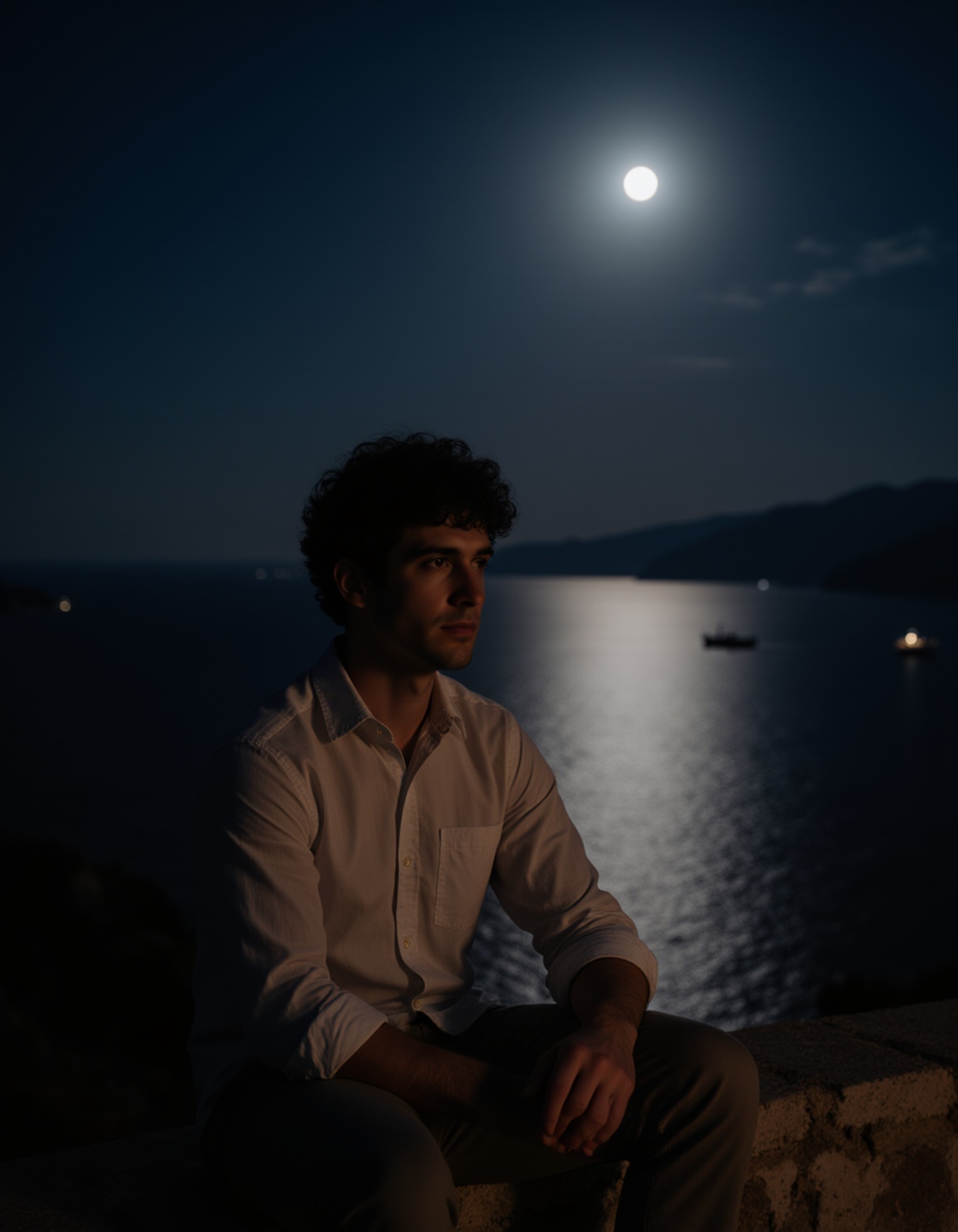a contemplative subject sitting on an ancient stone wall overlooking the dark Aegean Sea, moonlight reflecting heavily on the water, a light breeze rustling a loose linen shirt, with the distant lights of a fishing boat visible