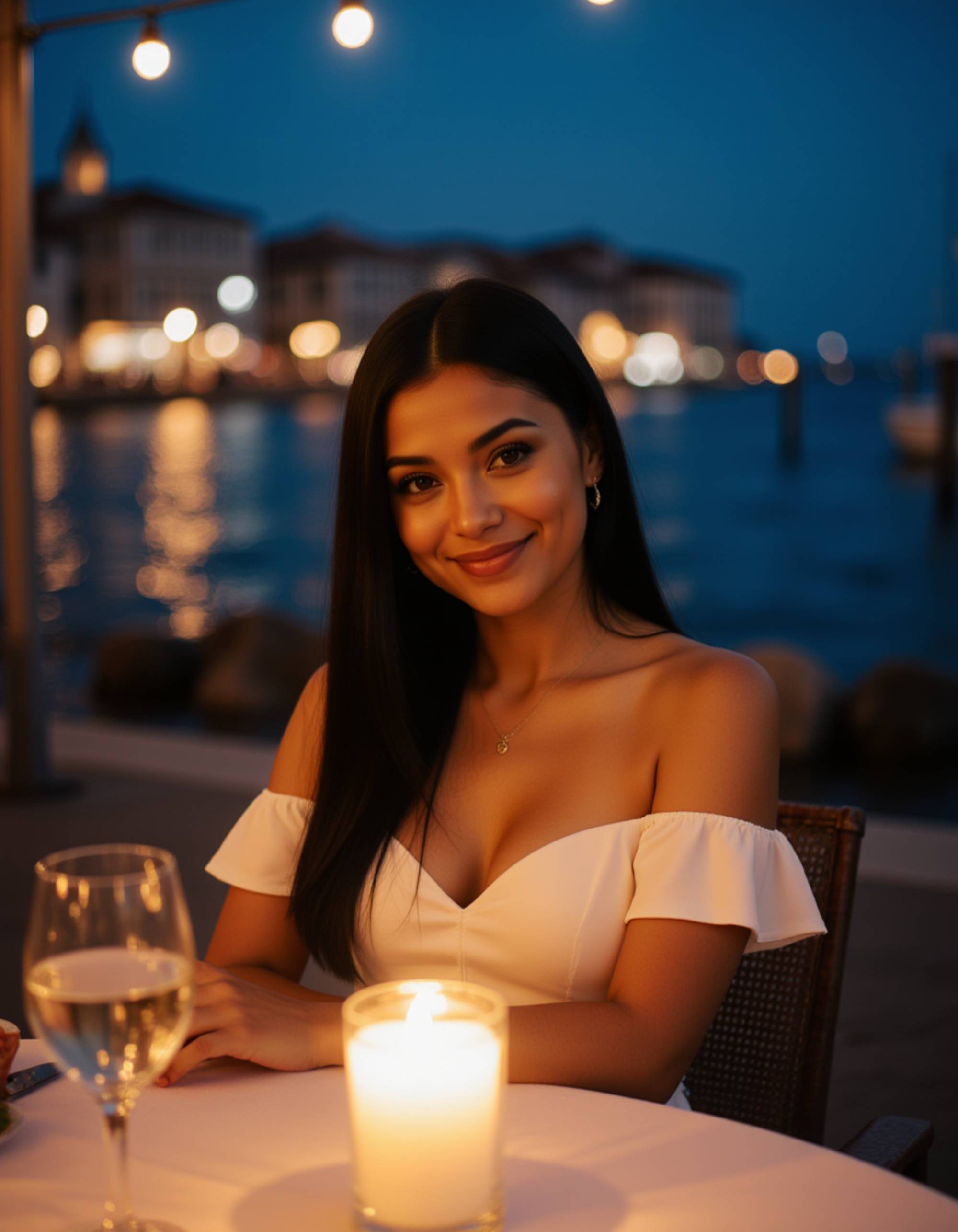 a captivating subject smiling directly into the camera, seated at a candlelit sea-side table in Little Venice, waves gently splashing just behind her over the stone barrier, bathed in the warm glow of taverna lights against the deep blue twilight sky, wearing an elegant off-the-shoulder dress