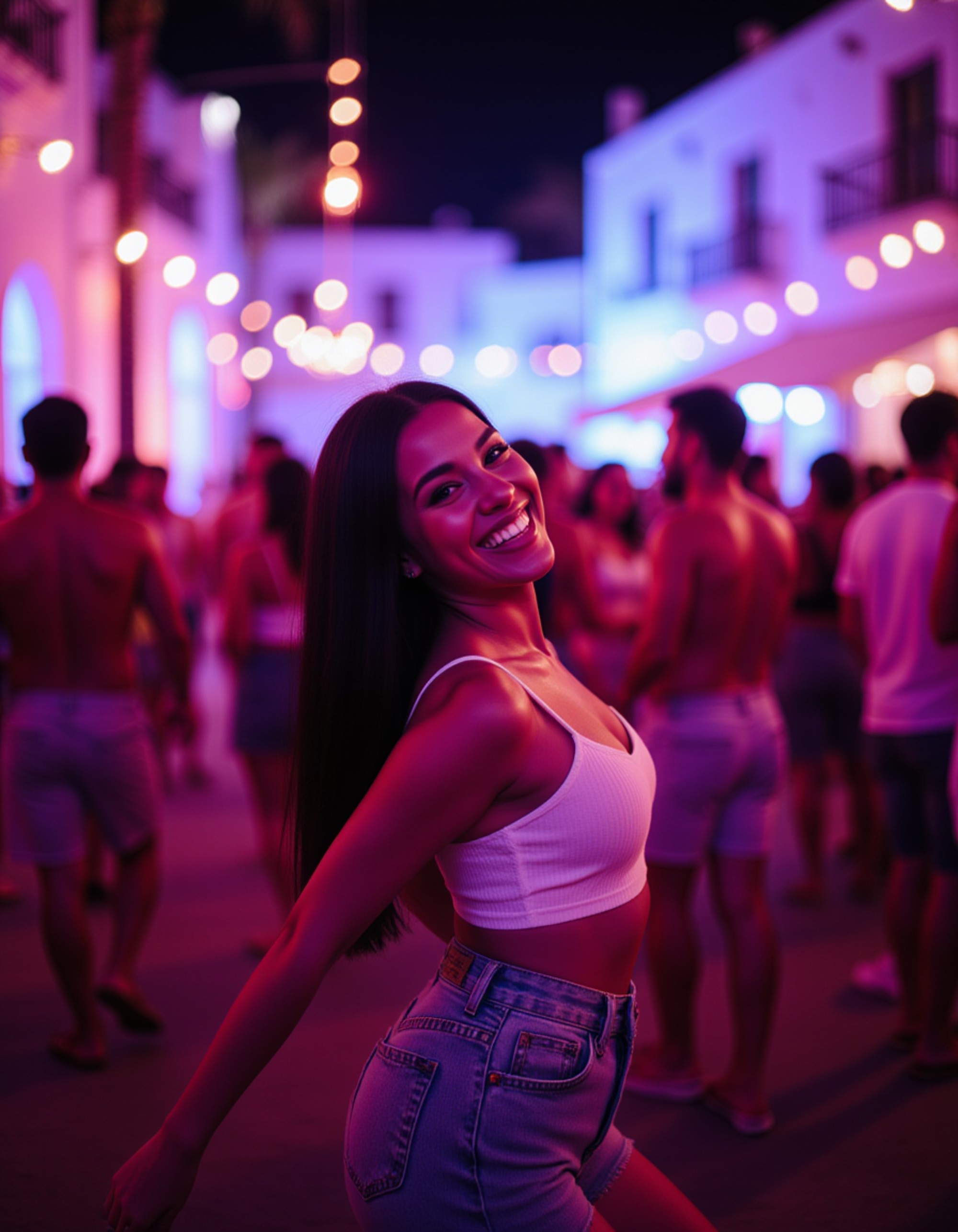 an energetic figure laughing and dancing amidst a crowd at an upscale open-air beach club, facing forward, strobe lights in hues of pink and blue catching the sparkles on her attire, with whitewashed architectural arches and palm trees in the background, capturing the essence of AI Mykonos Nights Photos