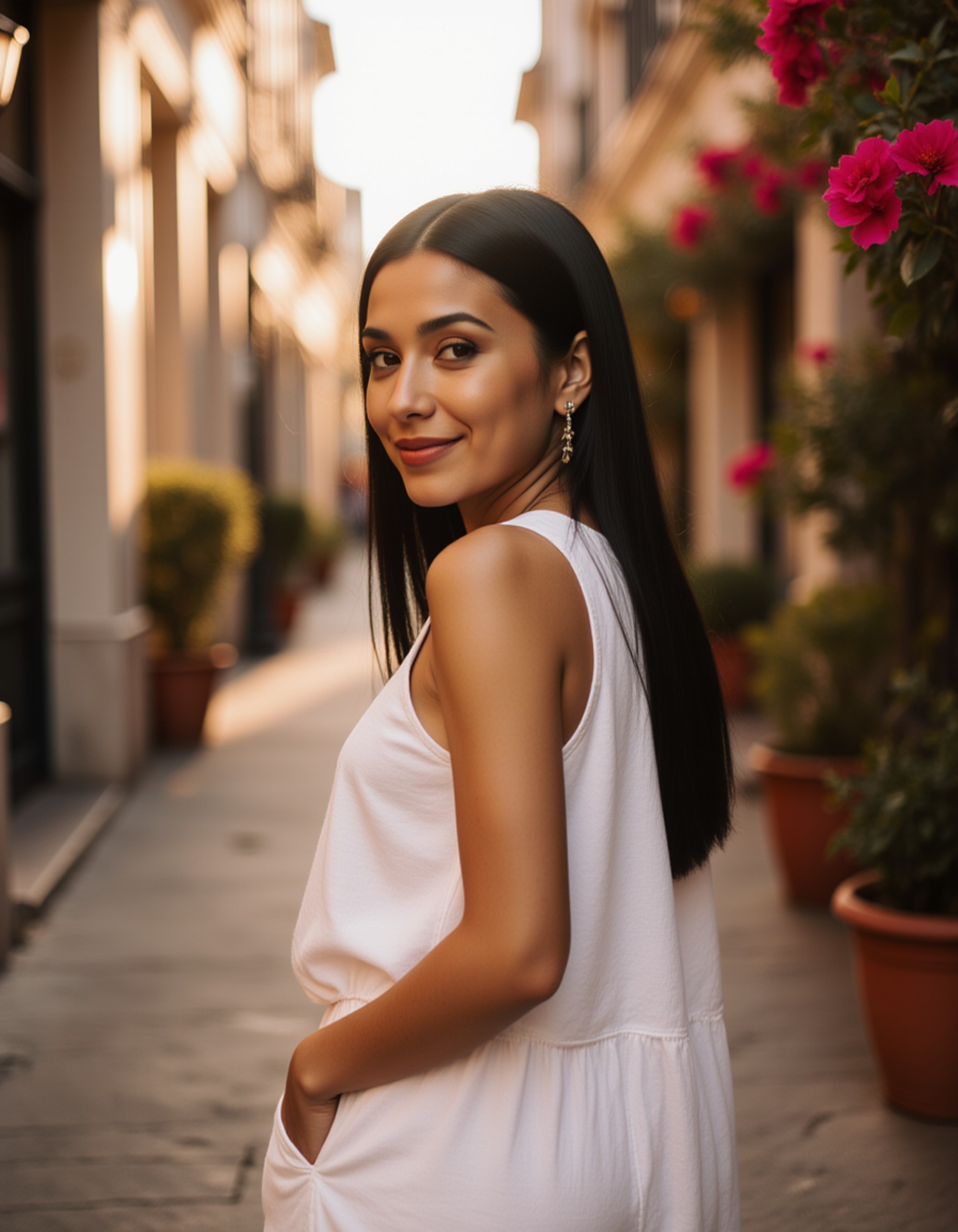 a stylish individual pausing in a narrow, winding cobblestone alleyway in Chora, lit by warm hanging lanterns that cast dramatic shadows, turning to face the lens with a relaxed expression, wearing a chic white linen jumpsuit contrasting against vibrant bougainvillea flowers
