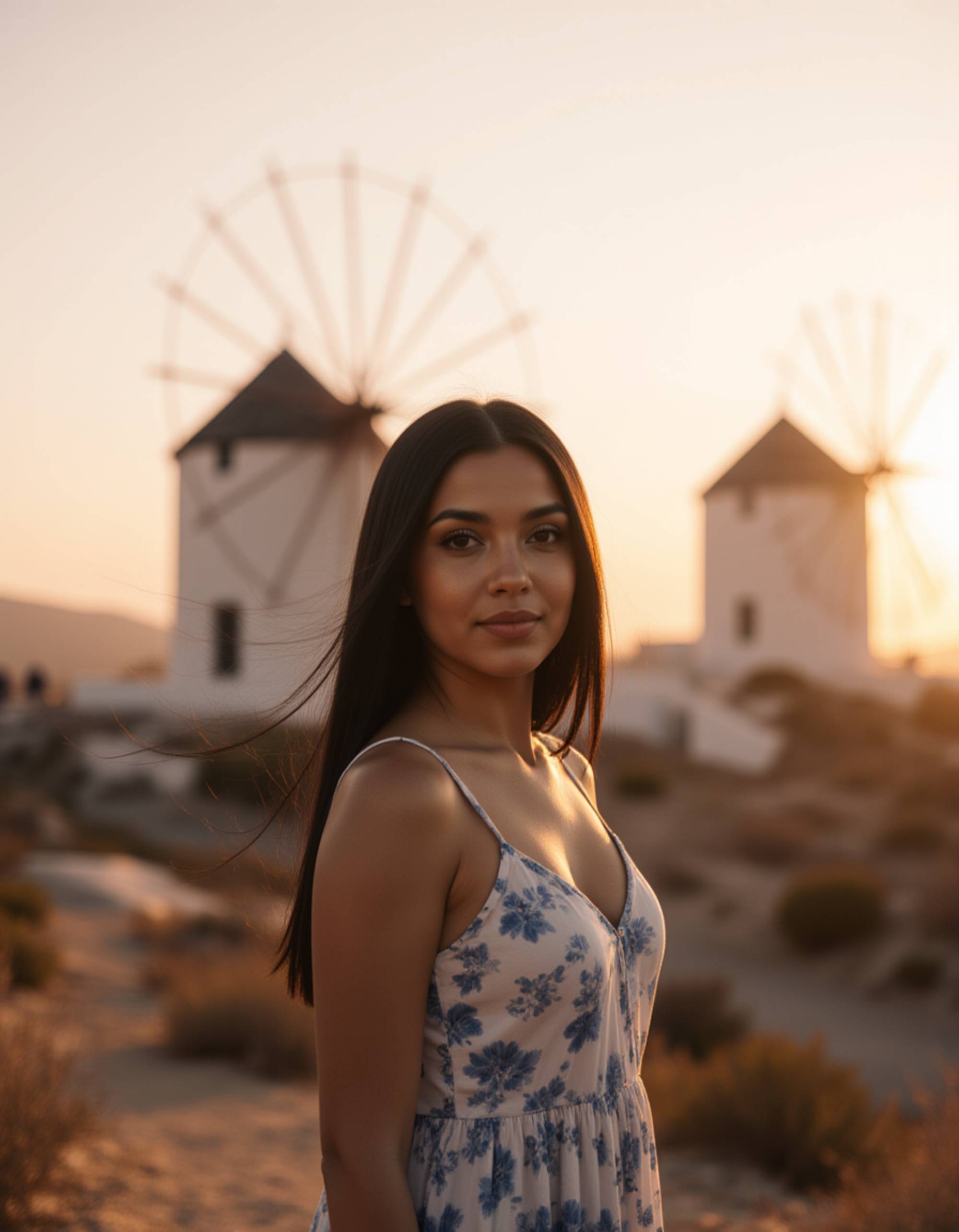 a striking portrait of a woman standing near the iconic Mykonos windmills as the sun sets transitioning into blue hour, warm golden light hitting her face as she looks at the camera, wind gently blowing her hair, wearing a flowing bohemian dress