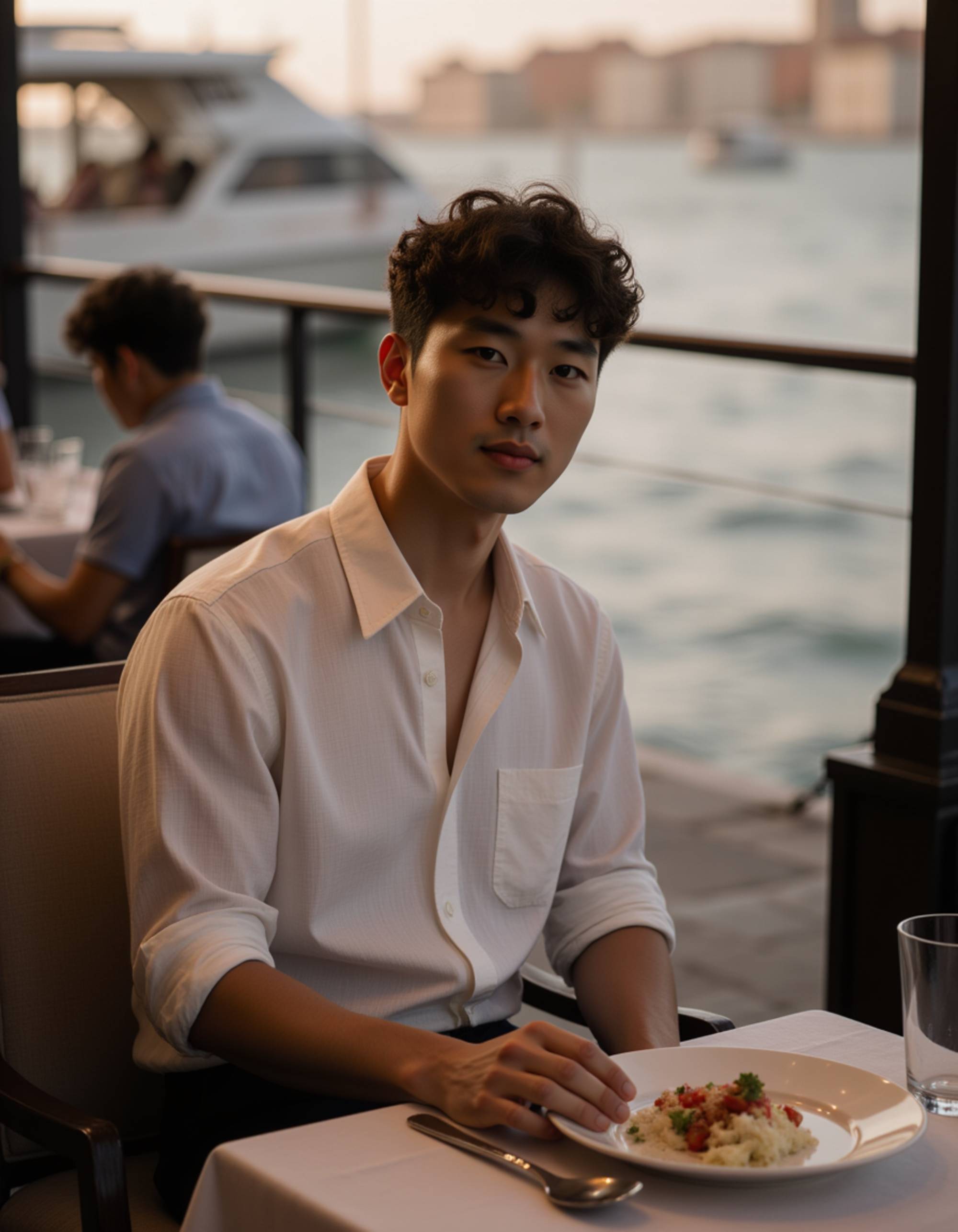 a charismatic figure seated at a waterfront table in Little Venice during blue hour, waves crashing gently nearby, warm glow from the taverna lighting his face as he looks directly at the camera, wearing a tailored linen shirt, high-end travel photography style